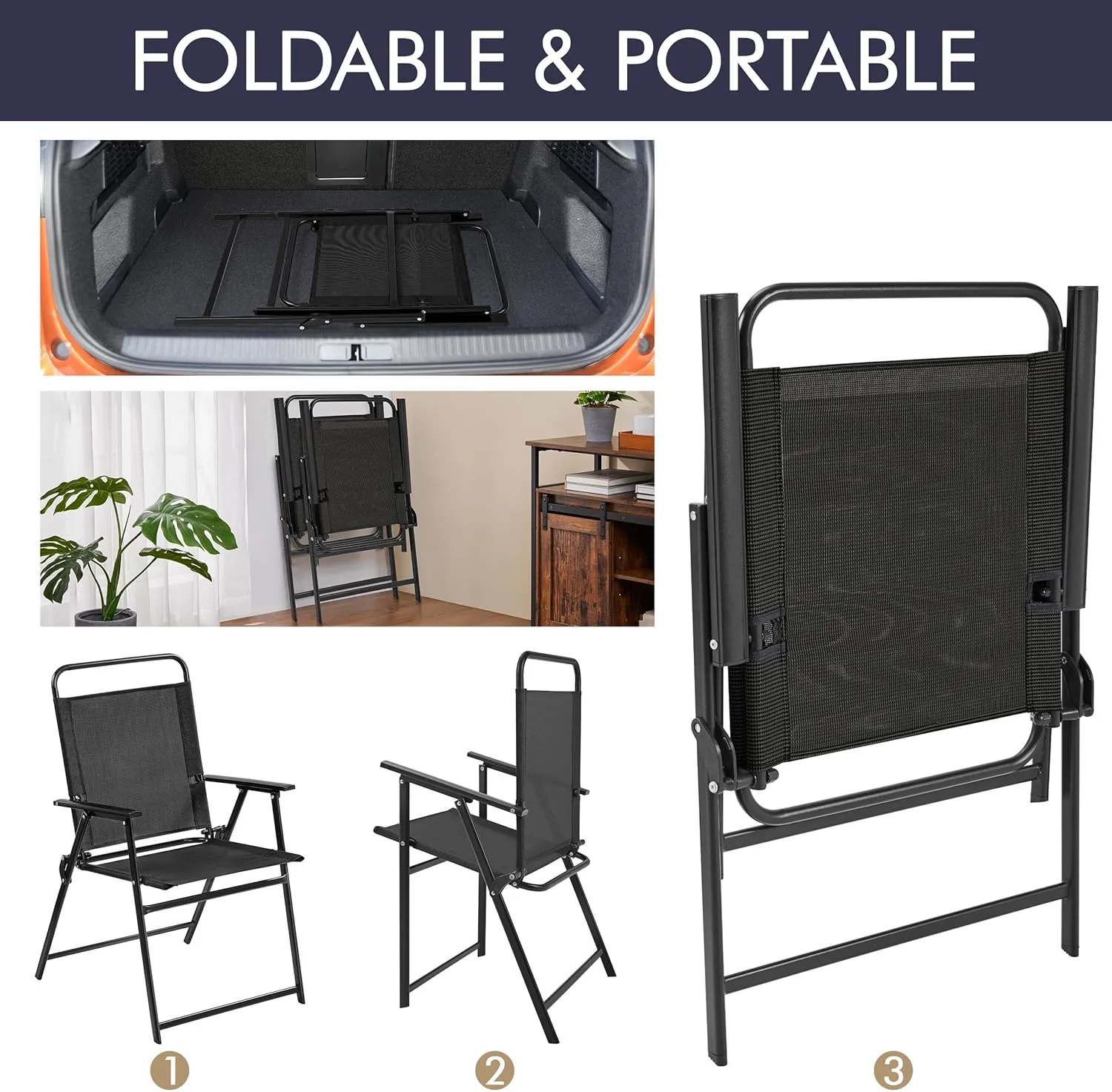 Yaheetech Outdoor Patio Chairs Set of 2, Folding Patio Chairs with Metal Frame, Armrests, Portable Dining Chairs for Camping, Lawn, Garden and Porch, Black