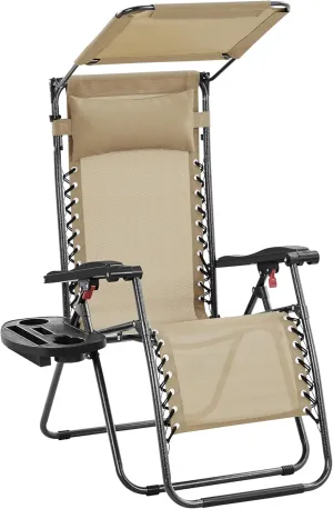 Yaheetech Outdoor Zero Gravity Chair Foldable Recliner Adjustable Patio Lounge w/Canopy Shade, Side Cup Holder Tray, Carry Strap for Garden Beach Lawn Deck Beige/1