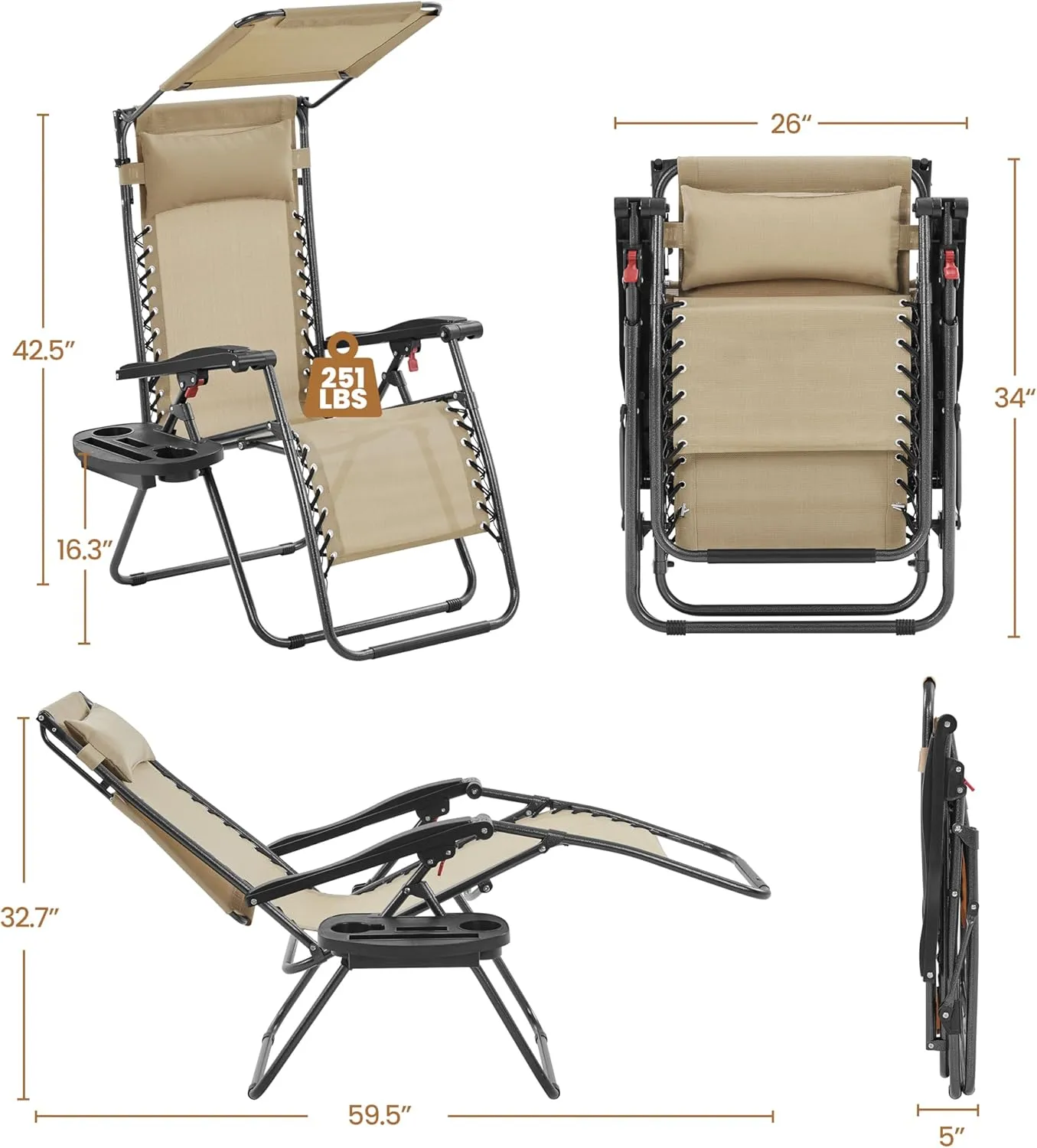 Yaheetech Outdoor Zero Gravity Chair Foldable Recliner Adjustable Patio Lounge w/Canopy Shade, Side Cup Holder Tray, Carry Strap for Garden Beach Lawn Deck Beige/1