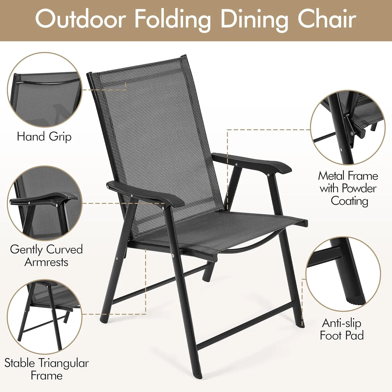 Yaheetech Patio Dining Chairs Set of 4 with Armrests, Outdoor Folding Chairs with Metal Frame and Backrest for Lawn, Garden, Yard and Poolside, Black