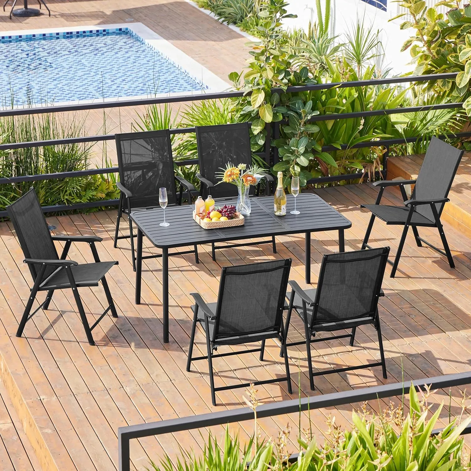 Yaheetech Patio Dining Chairs Set of 4 with Armrests, Outdoor Folding Chairs with Metal Frame and Backrest for Lawn, Garden, Yard and Poolside, Black