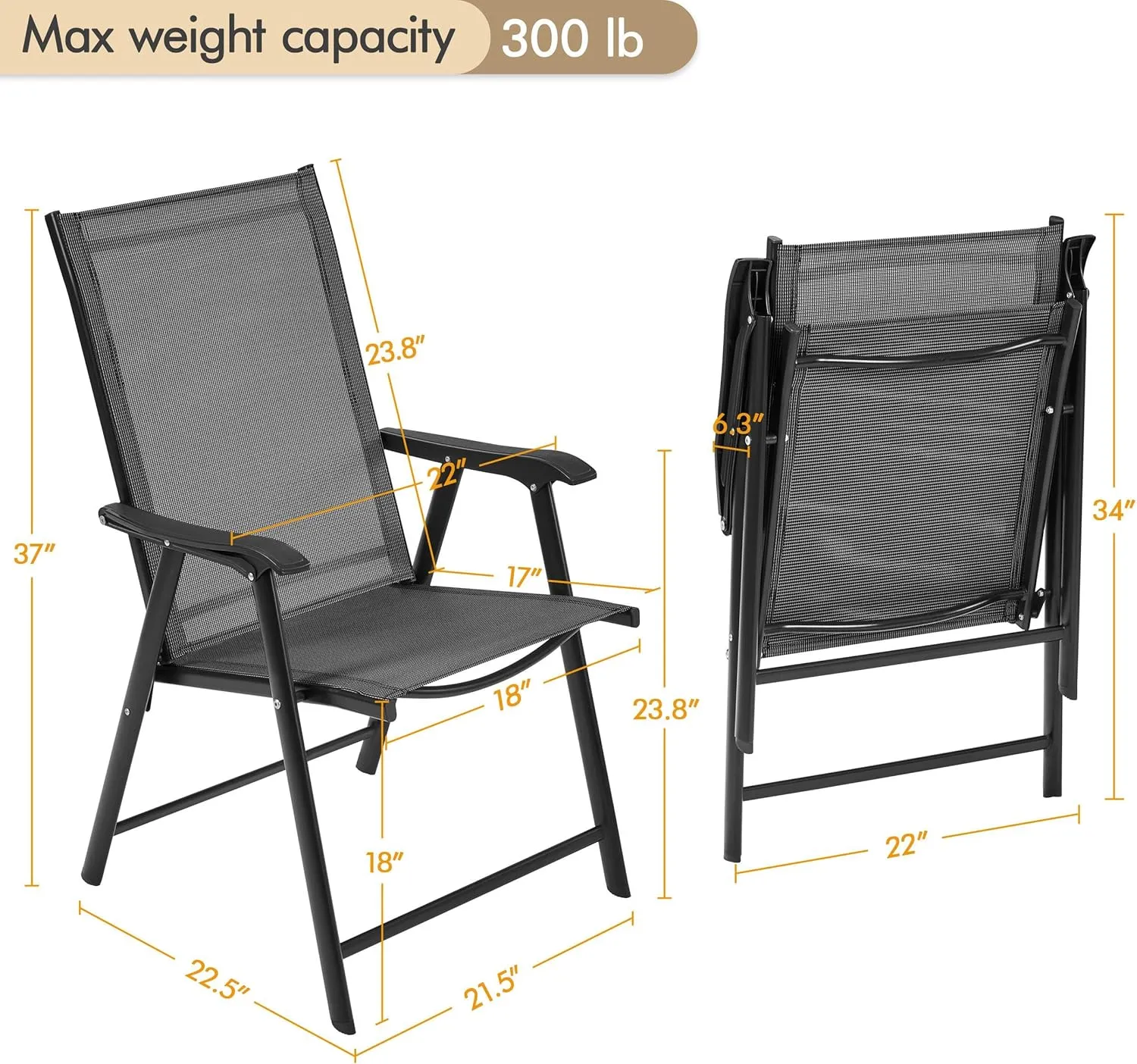 Yaheetech Patio Dining Chairs Set of 4 with Armrests, Outdoor Folding Chairs with Metal Frame and Backrest for Lawn, Garden, Yard and Poolside, Black
