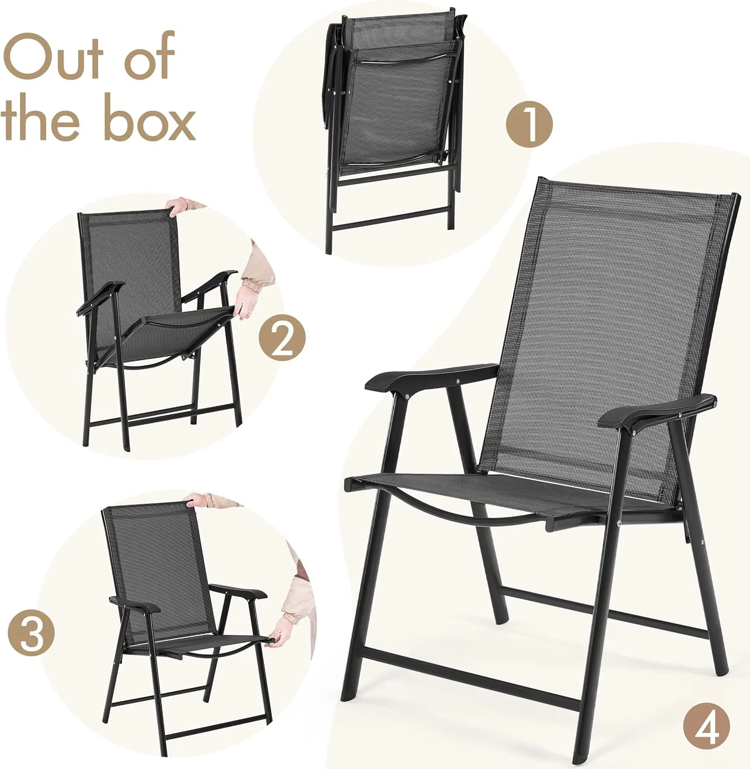 Yaheetech Patio Dining Chairs Set of 4 with Armrests, Outdoor Folding Chairs with Metal Frame and Backrest for Lawn, Garden, Yard and Poolside, Black