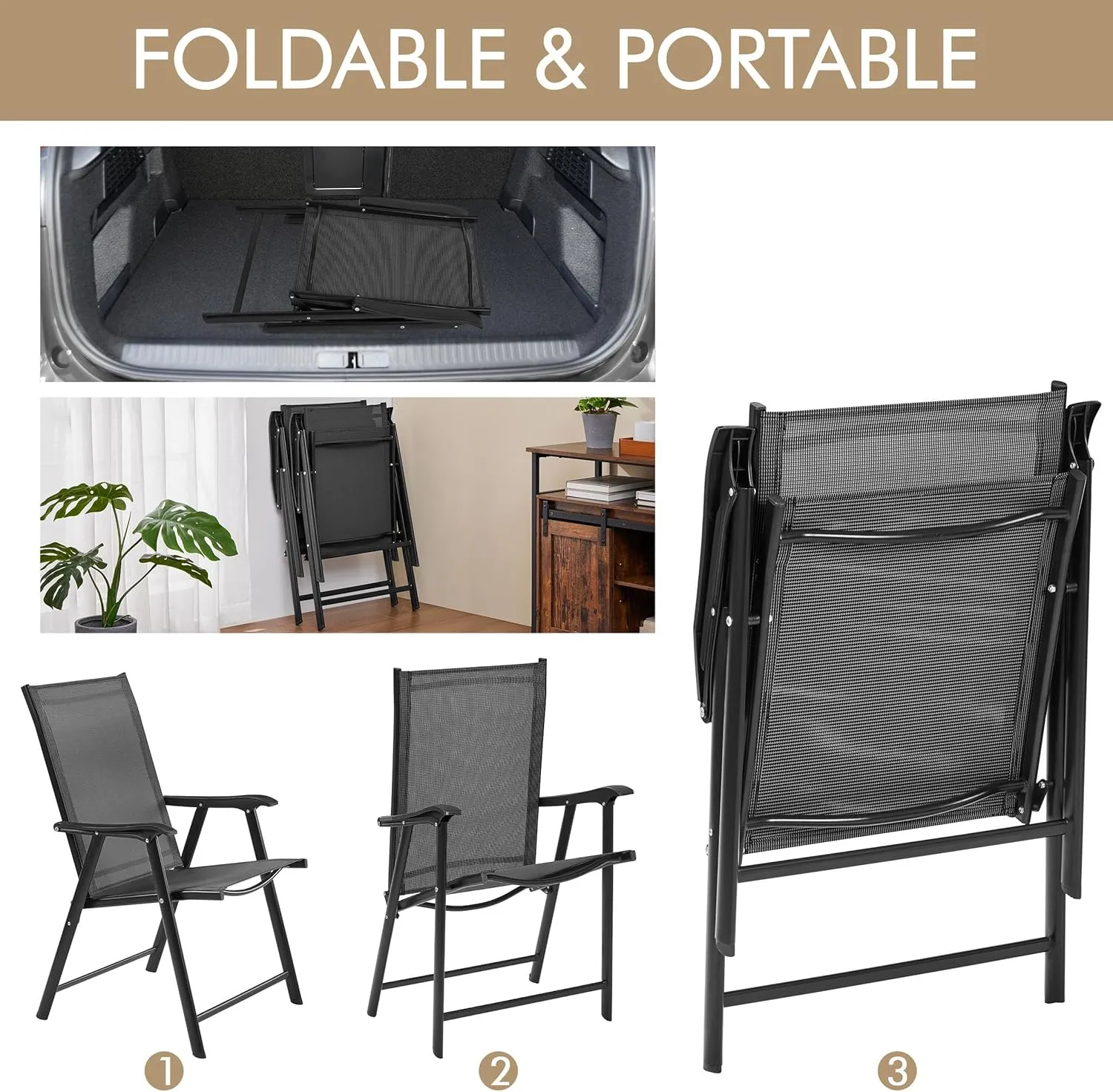 Yaheetech Patio Dining Chairs Set of 4 with Armrests, Outdoor Folding Chairs with Metal Frame and Backrest for Lawn, Garden, Yard and Poolside, Black