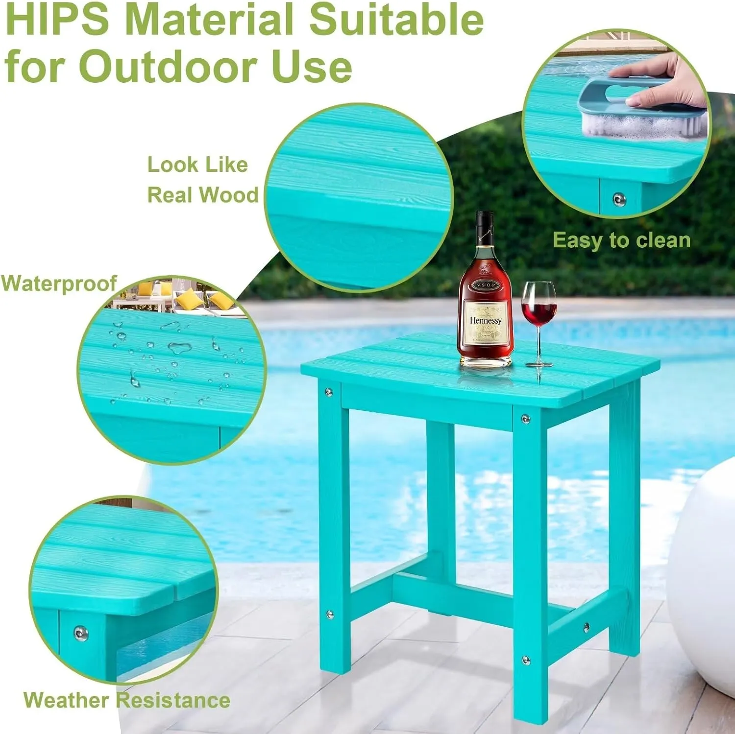 Y&M Outdoor Side Table, HIPS Adirondack Small Single Table, Waterproof Square Outside Table, Balcony Modern End Tables for Patio, Pool, Beach, Porch, Deck, Indoor or Outdoor Use, Aruba Blue