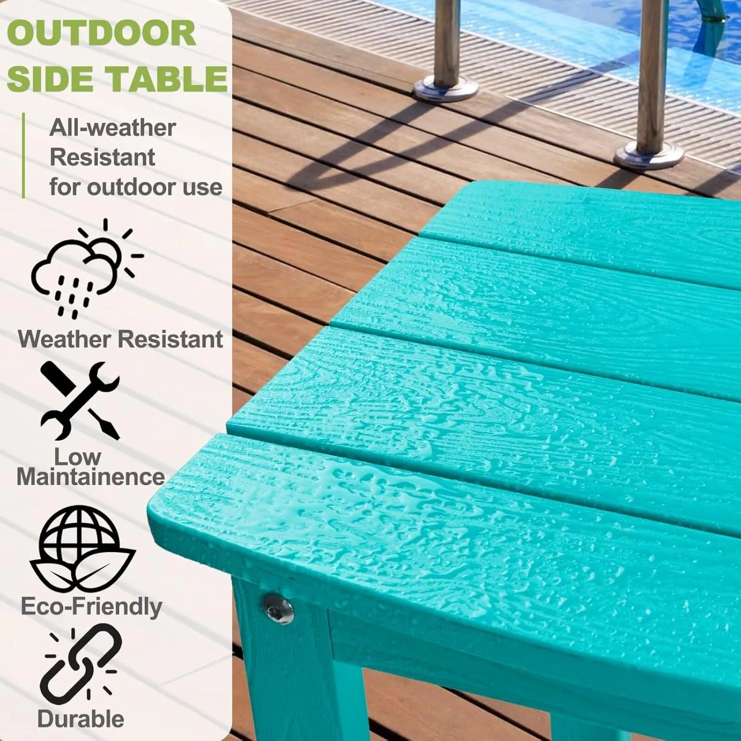 Y&M Outdoor Side Table, HIPS Adirondack Small Single Table, Waterproof Square Outside Table, Balcony Modern End Tables for Patio, Pool, Beach, Porch, Deck, Indoor or Outdoor Use, Aruba Blue