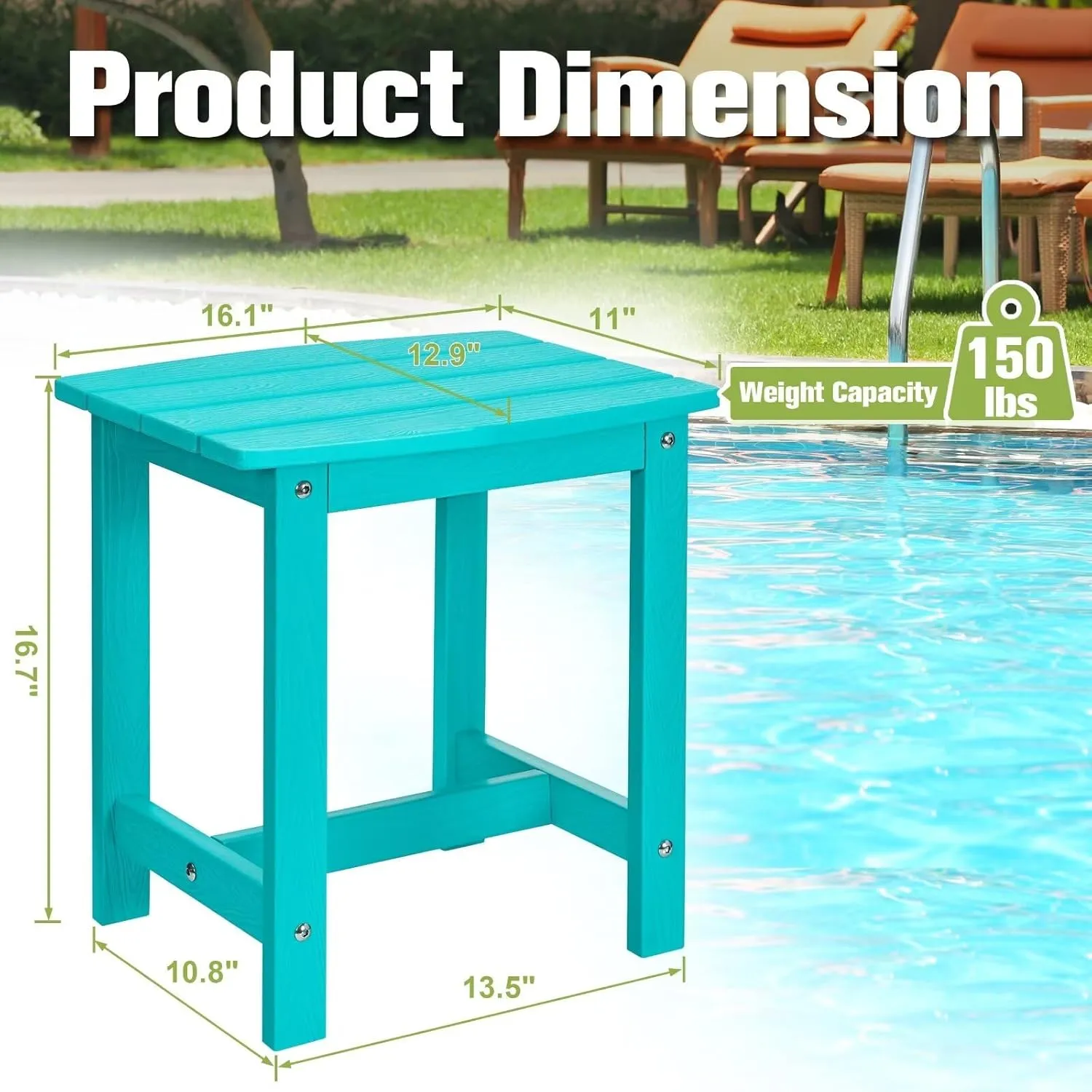 Y&M Outdoor Side Table, HIPS Adirondack Small Single Table, Waterproof Square Outside Table, Balcony Modern End Tables for Patio, Pool, Beach, Porch, Deck, Indoor or Outdoor Use, Aruba Blue