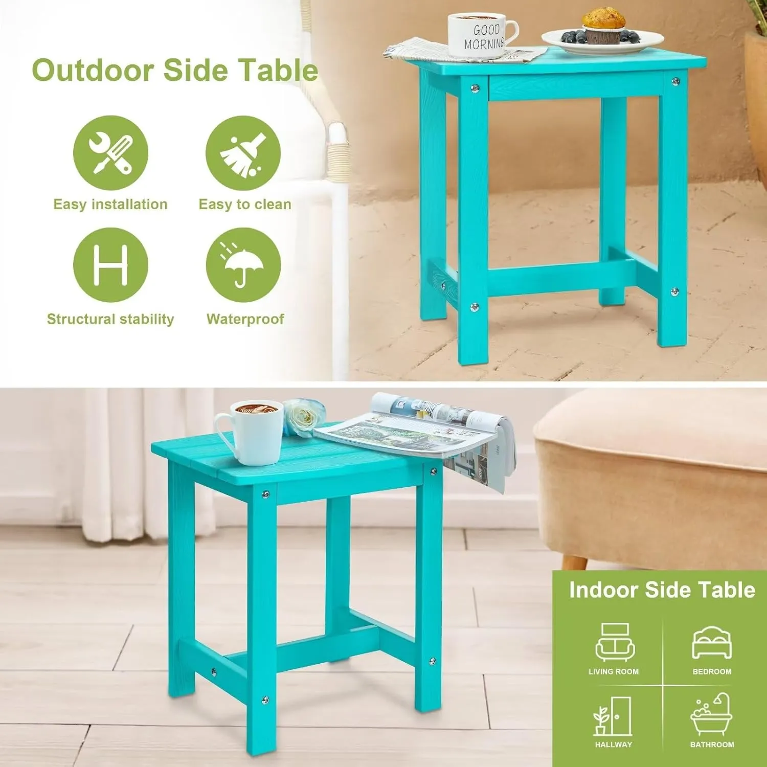 Y&M Outdoor Side Table, HIPS Adirondack Small Single Table, Waterproof Square Outside Table, Balcony Modern End Tables for Patio, Pool, Beach, Porch, Deck, Indoor or Outdoor Use, Aruba Blue