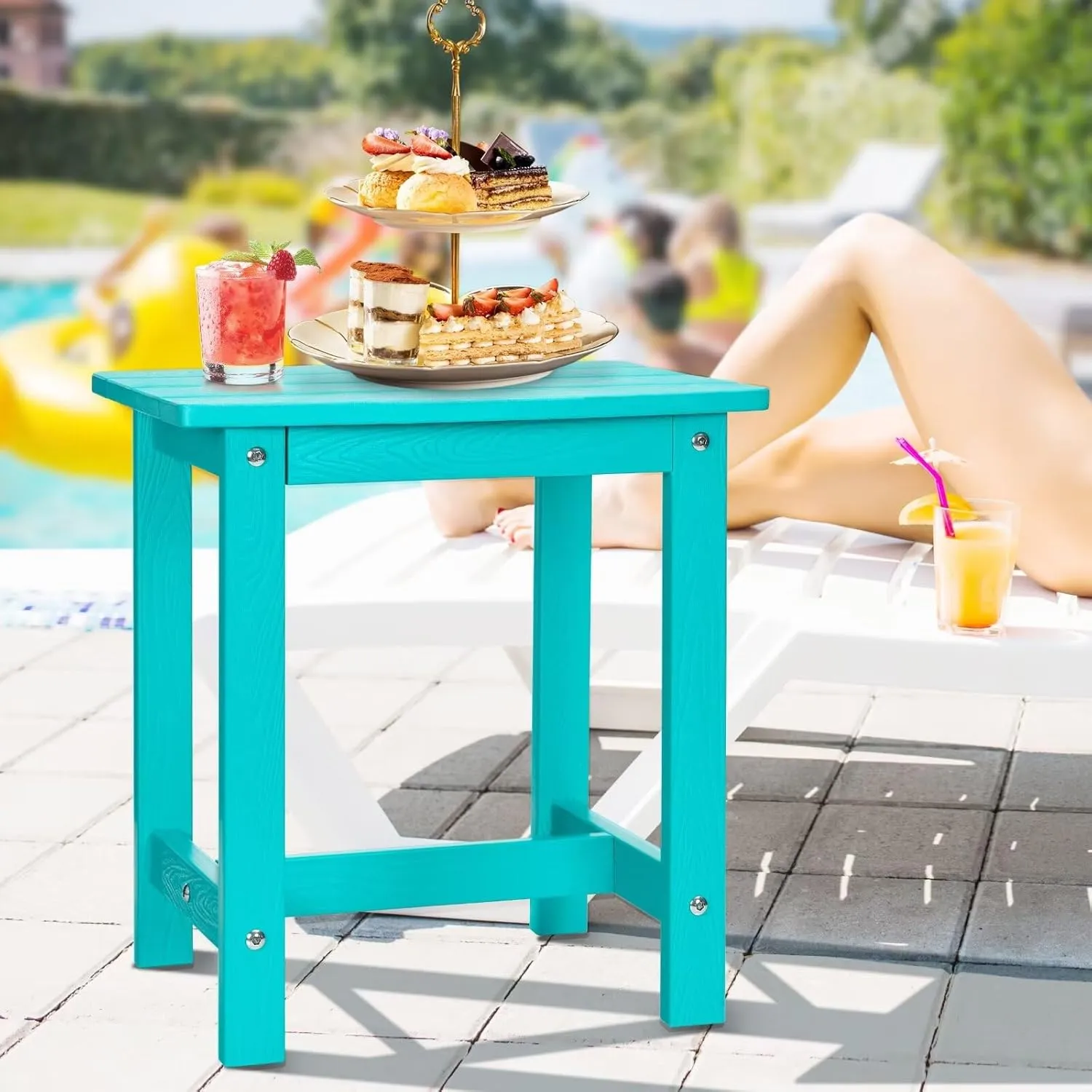 Y&M Outdoor Side Table, HIPS Adirondack Small Single Table, Waterproof Square Outside Table, Balcony Modern End Tables for Patio, Pool, Beach, Porch, Deck, Indoor or Outdoor Use, Aruba Blue