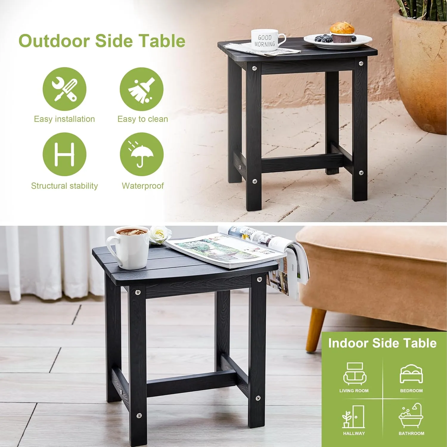 Y&M Outdoor Side Table, HIPS Adirondack Small Single Table, Waterproof Square Outside Table, Balcony Modern End Tables for Patio, Pool, Beach, Porch, Deck, Indoor or Outdoor Use, Black