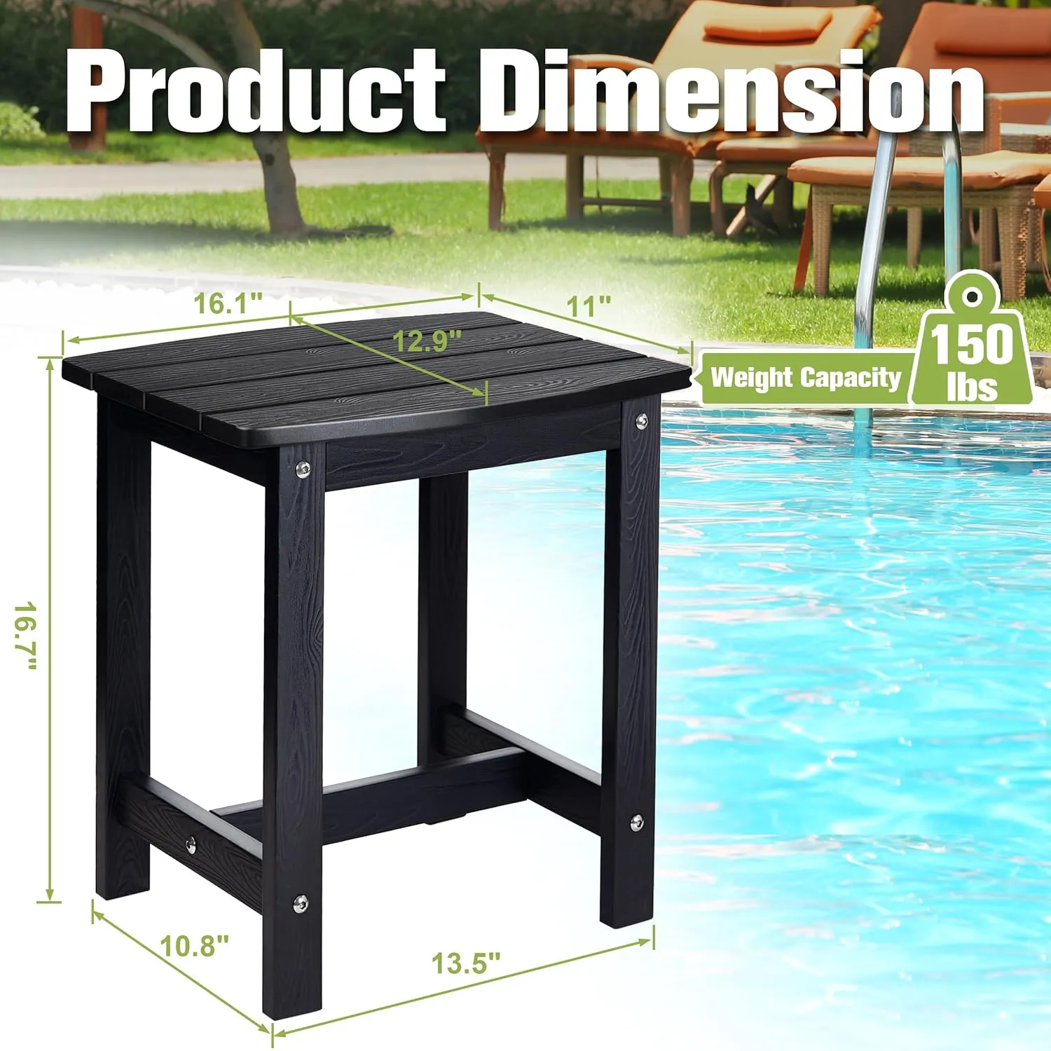 Y&M Outdoor Side Table, HIPS Adirondack Small Single Table, Waterproof Square Outside Table, Balcony Modern End Tables for Patio, Pool, Beach, Porch, Deck, Indoor or Outdoor Use, Black