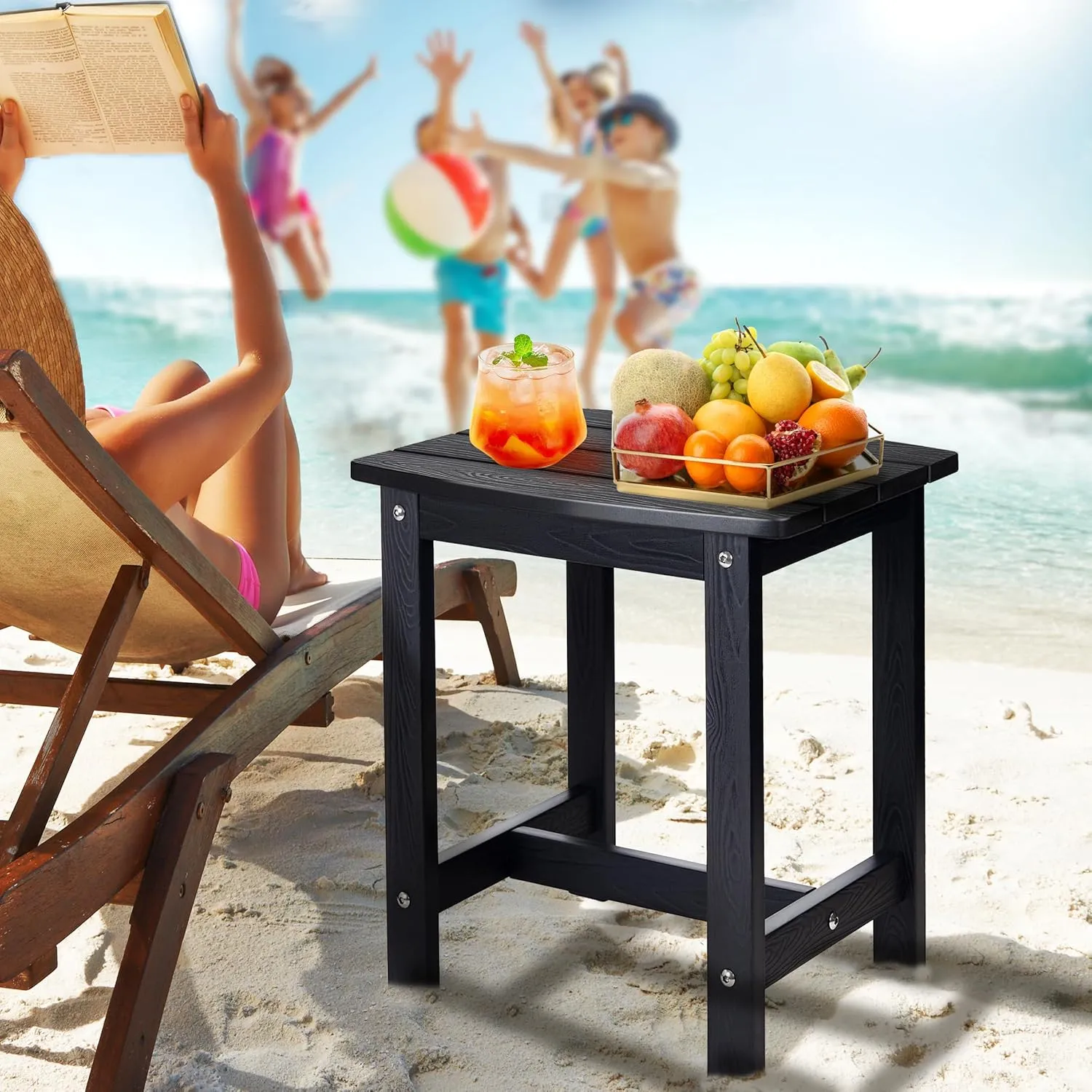 Y&M Outdoor Side Table, HIPS Adirondack Small Single Table, Waterproof Square Outside Table, Balcony Modern End Tables for Patio, Pool, Beach, Porch, Deck, Indoor or Outdoor Use, Black
