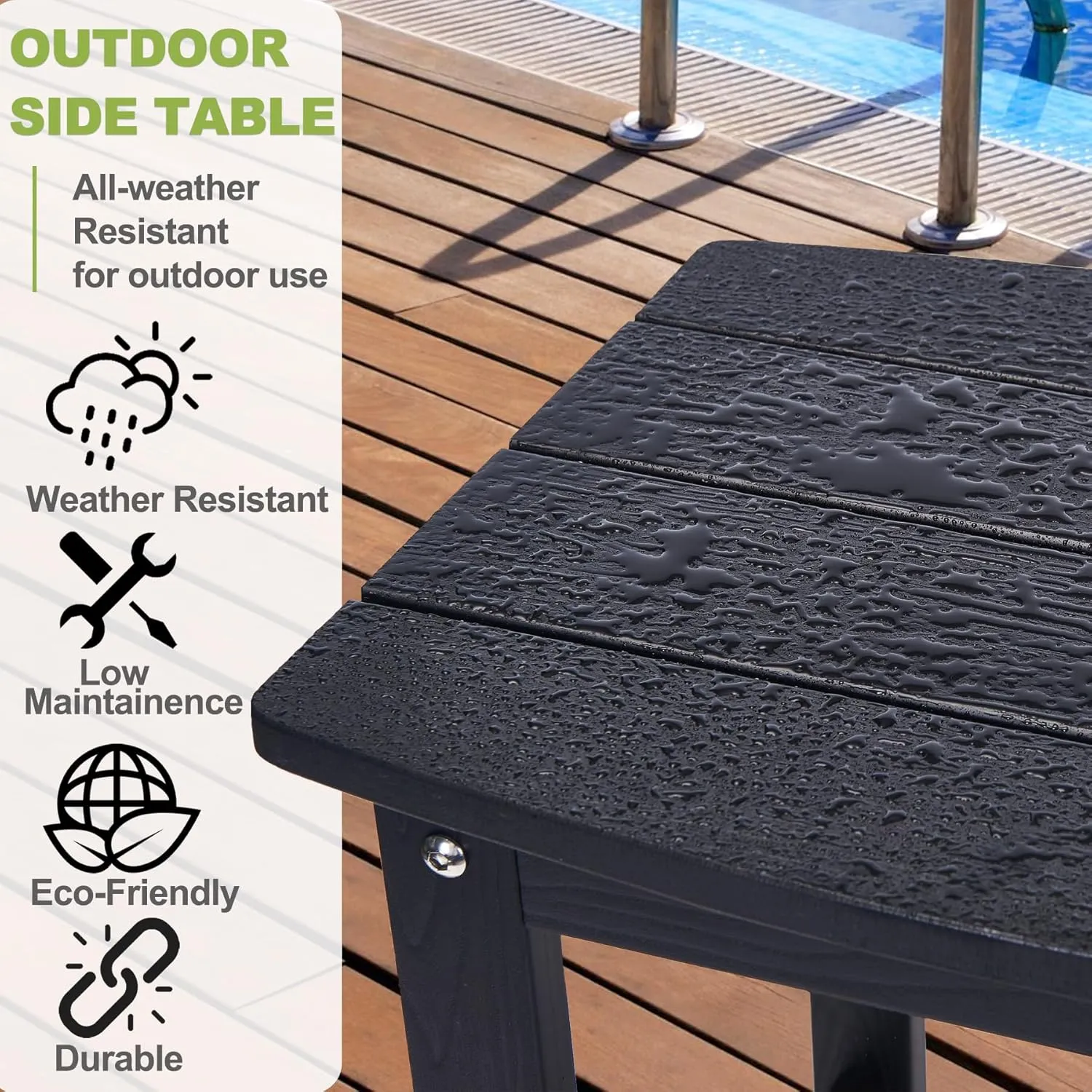 Y&M Outdoor Side Table, HIPS Adirondack Small Single Table, Waterproof Square Outside Table, Balcony Modern End Tables for Patio, Pool, Beach, Porch, Deck, Indoor or Outdoor Use, Black