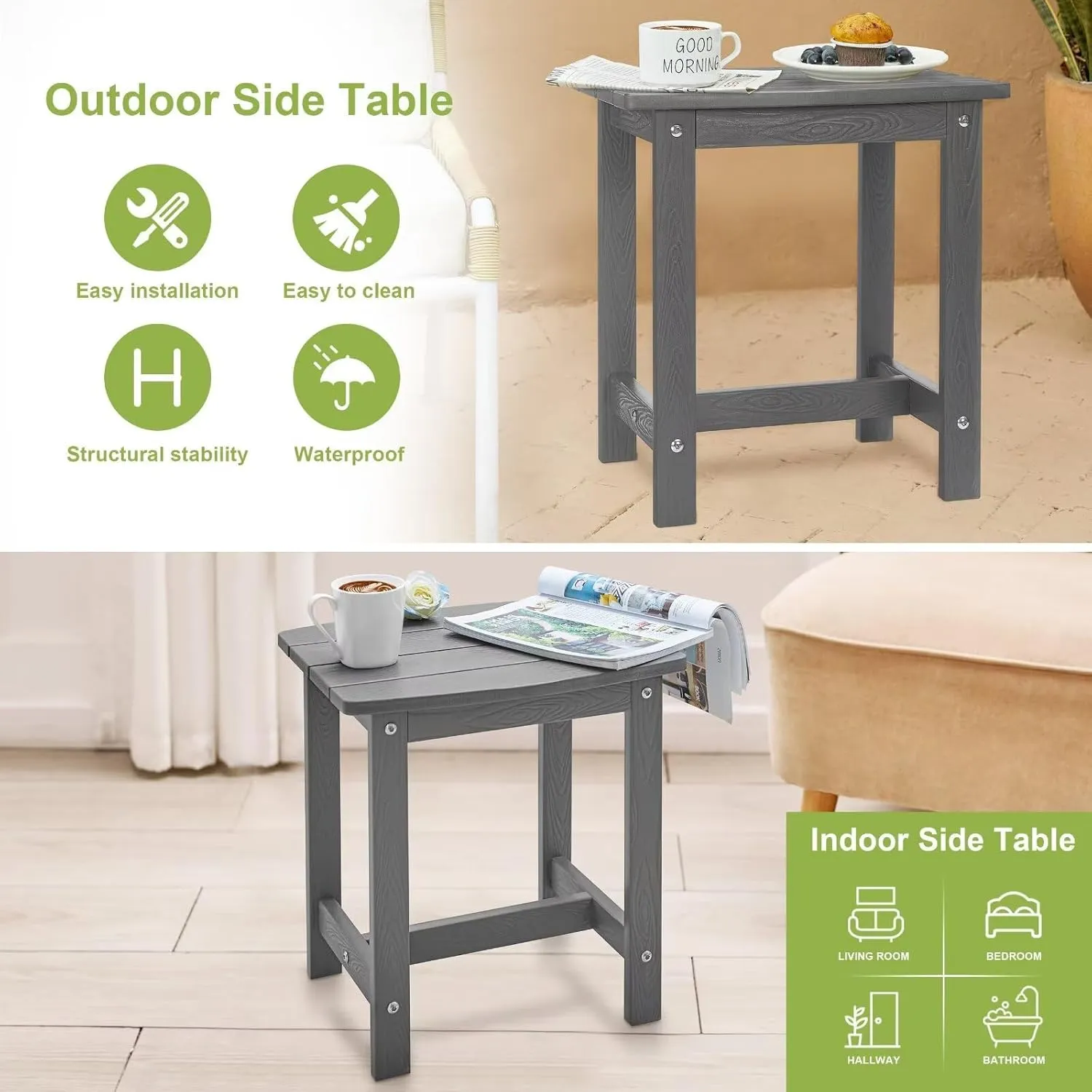 Y&M Outdoor Side Table, HIPS Adirondack Small Single Table, Waterproof Square Outside Table, Balcony Modern End Tables for Patio, Pool, Beach, Porch, Deck, Indoor or Outdoor Use, Dark Gray