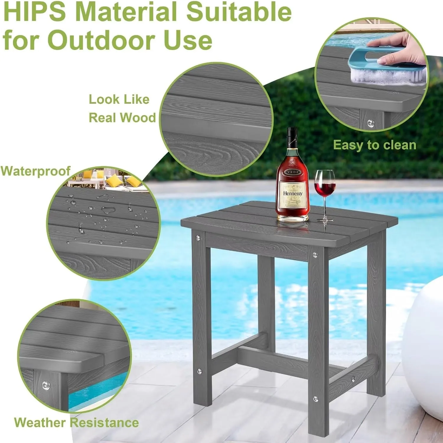 Y&M Outdoor Side Table, HIPS Adirondack Small Single Table, Waterproof Square Outside Table, Balcony Modern End Tables for Patio, Pool, Beach, Porch, Deck, Indoor or Outdoor Use, Dark Gray