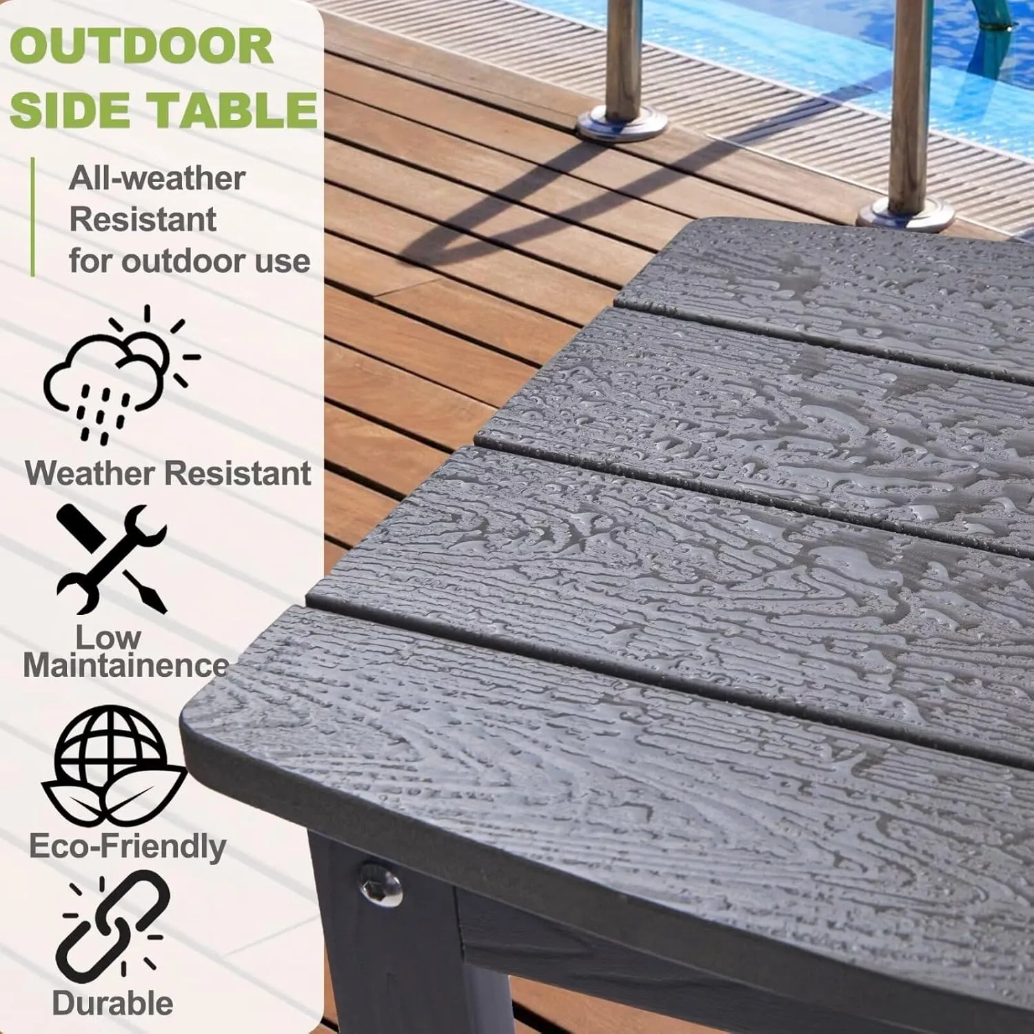 Y&M Outdoor Side Table, HIPS Adirondack Small Single Table, Waterproof Square Outside Table, Balcony Modern End Tables for Patio, Pool, Beach, Porch, Deck, Indoor or Outdoor Use, Dark Gray