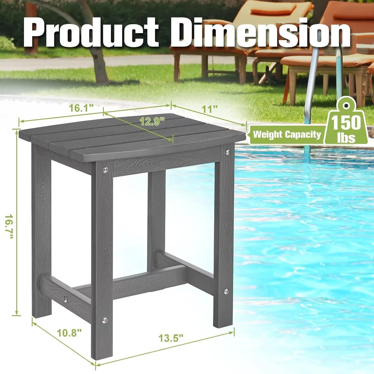 Y&M Outdoor Side Table, HIPS Adirondack Small Single Table, Waterproof Square Outside Table, Balcony Modern End Tables for Patio, Pool, Beach, Porch, Deck, Indoor or Outdoor Use, Dark Gray