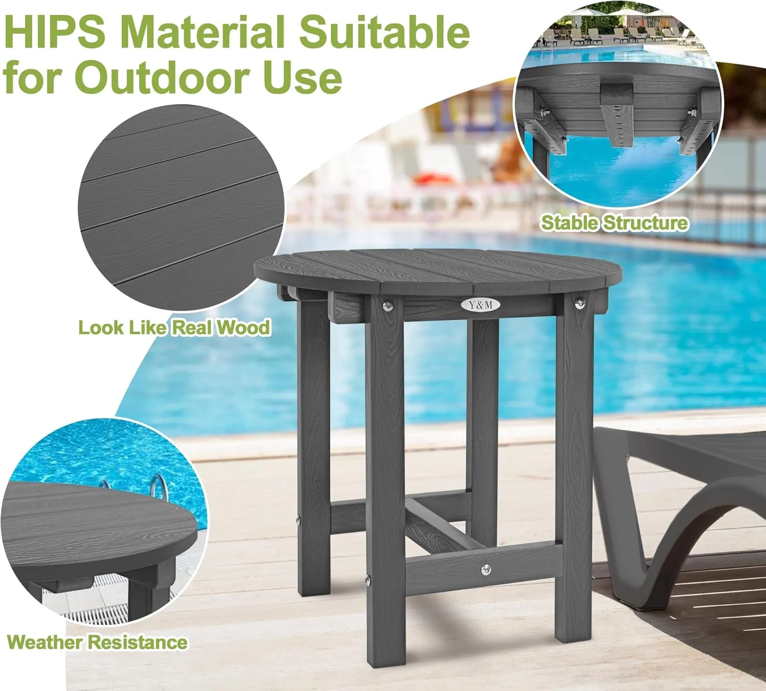 Y&M Outdoor Side Table, Waterproof Four-Legged Round Entryway End Table, Single-Tier HDPE Modern Small Coffee Nightstand for Bedroom, Living Room, Patio, Indoor or Outdoor Use, Dark Gray