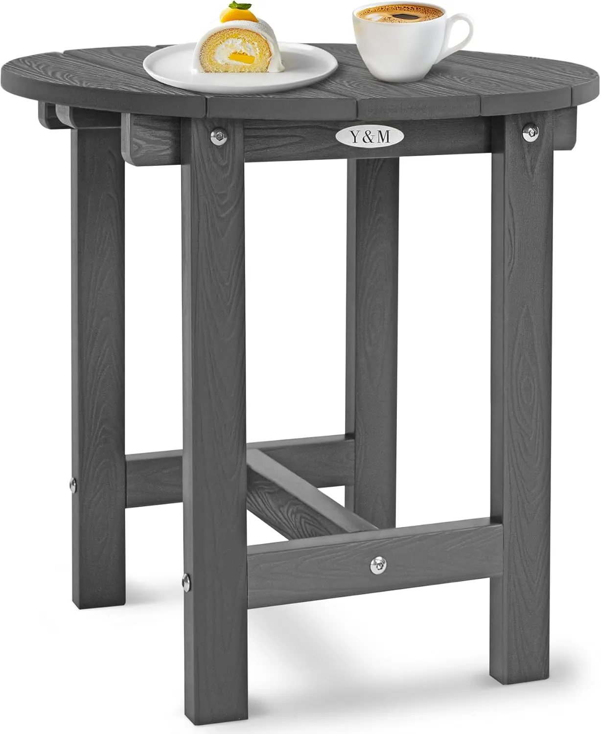 Y&M Outdoor Side Table, Waterproof Four-Legged Round Entryway End Table, Single-Tier HDPE Modern Small Coffee Nightstand for Bedroom, Living Room, Patio, Indoor or Outdoor Use, Dark Gray