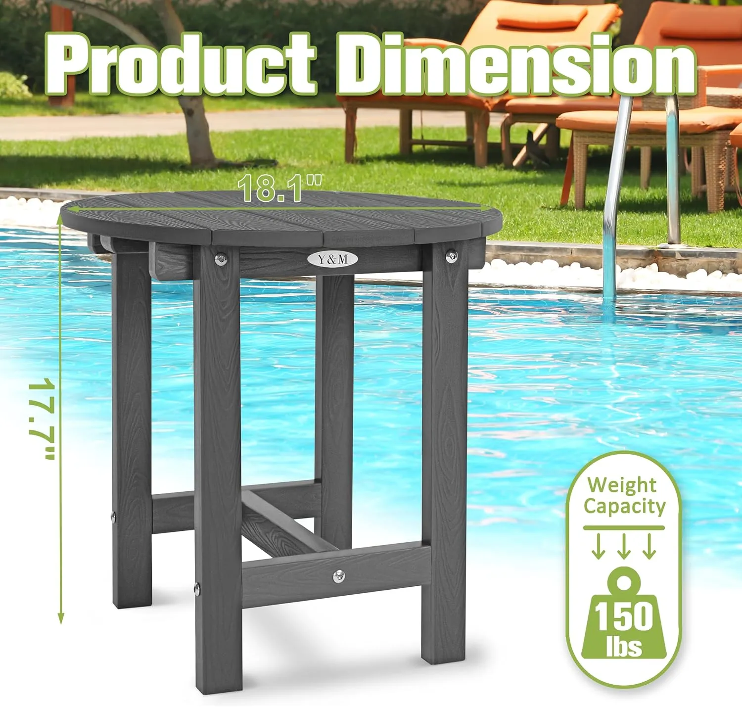 Y&M Outdoor Side Table, Waterproof Four-Legged Round Entryway End Table, Single-Tier HDPE Modern Small Coffee Nightstand for Bedroom, Living Room, Patio, Indoor or Outdoor Use, Dark Gray