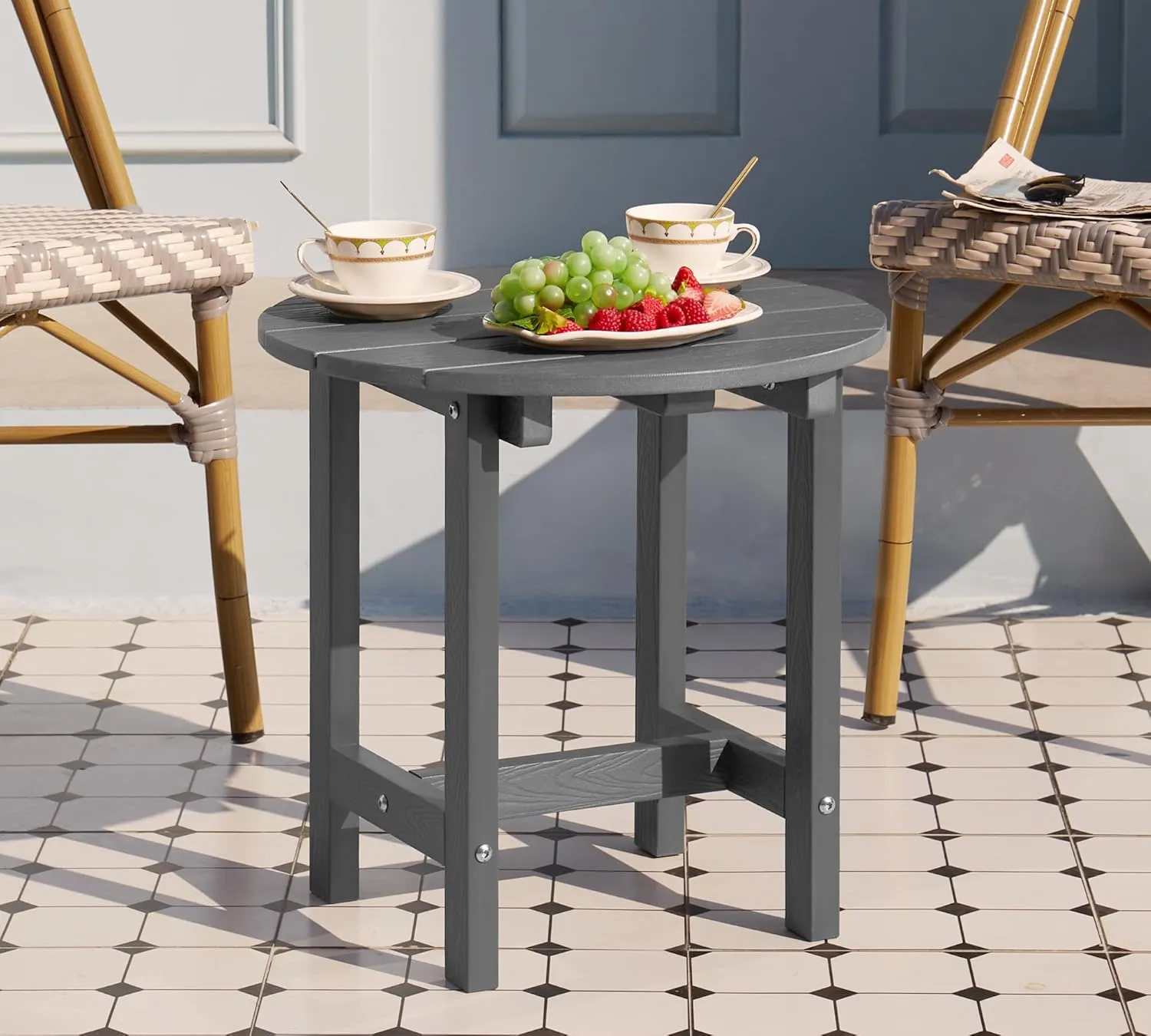 Y&M Outdoor Side Table, Waterproof Four-Legged Round Entryway End Table, Single-Tier HDPE Modern Small Coffee Nightstand for Bedroom, Living Room, Patio, Indoor or Outdoor Use, Dark Gray