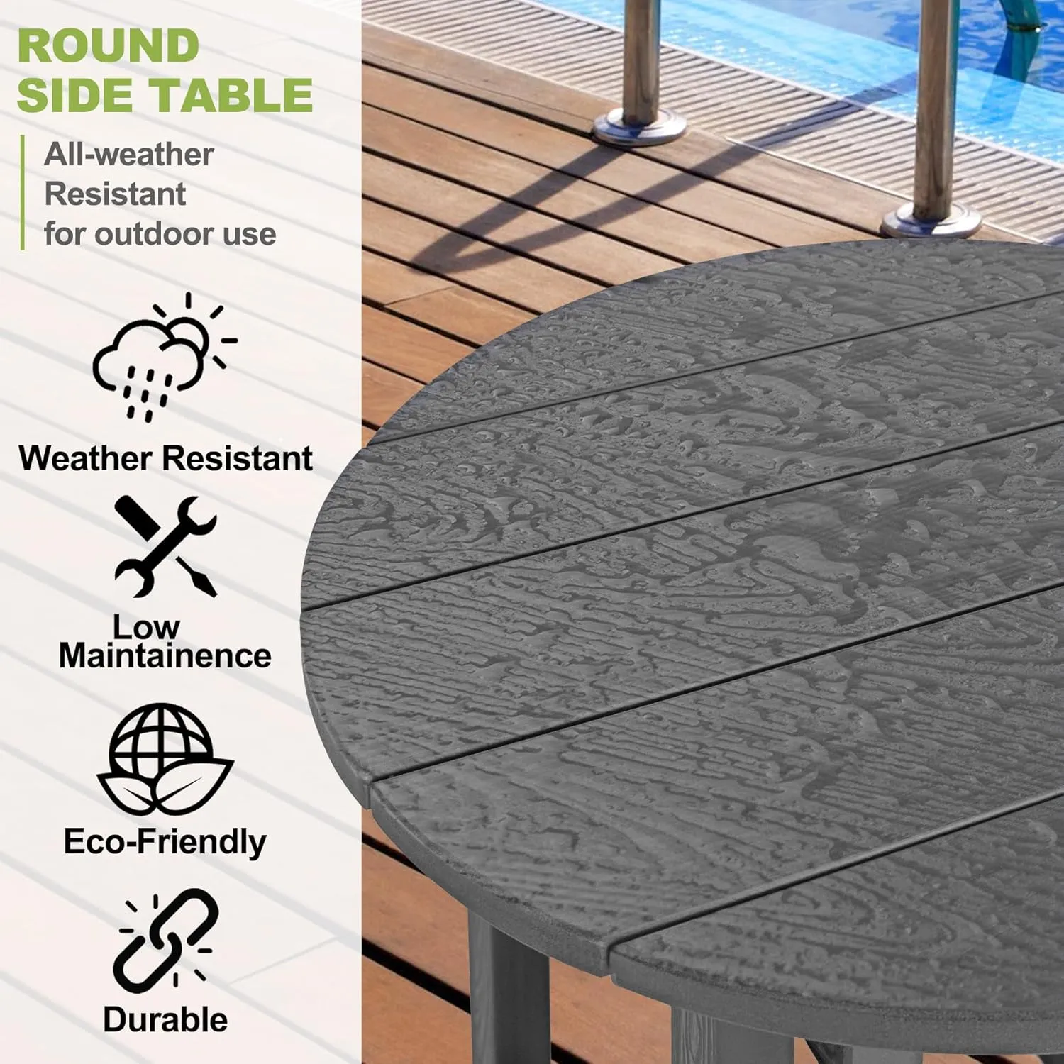 Y&M Outdoor Side Table, Waterproof Four-Legged Round Entryway End Table, Single-Tier HDPE Modern Small Coffee Nightstand for Bedroom, Living Room, Patio, Indoor or Outdoor Use, Dark Gray