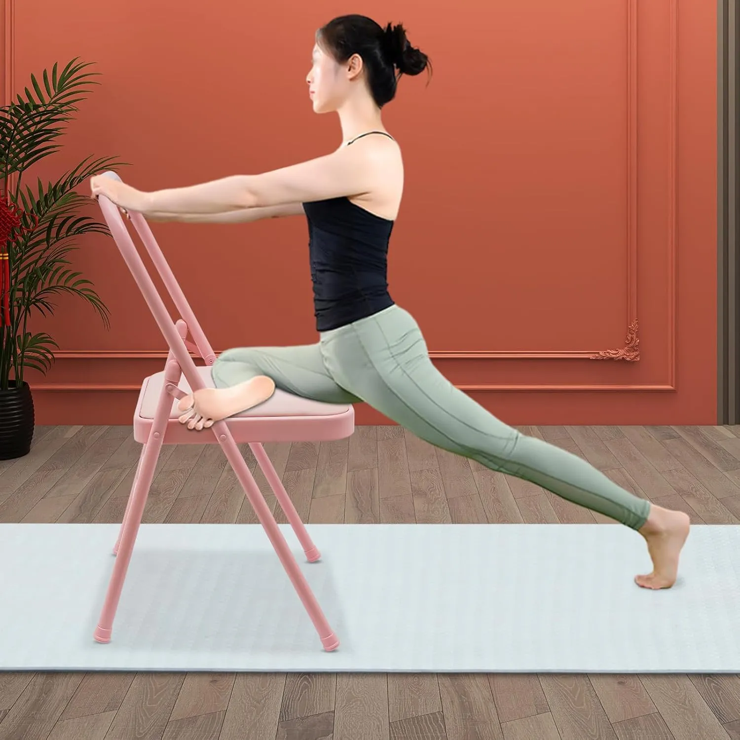 Yoga Auxiliary Chair, Foldable Balance Handstand Training Tool Yoga Equipment Yoga Stretch Chair with Lumbar Back Support for Home Fitness & Stress Relief (Pink)