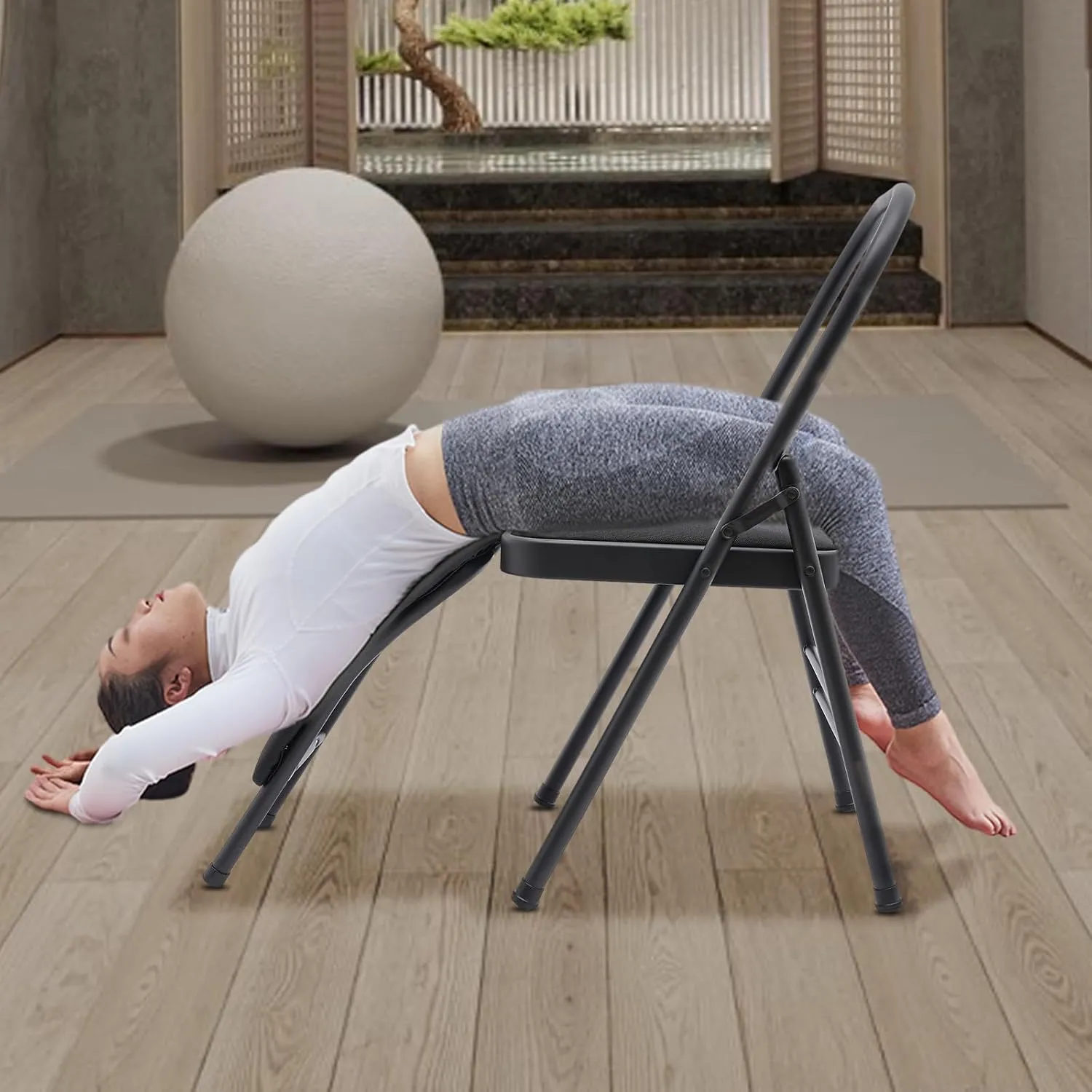 Yoga Auxiliary Chair, Foldable Yoga Chair with Lumbar Back Support, Balance Handstand Training Tool, Portable Practice Balance Equipment for Yoga Studio, Home Fitness, Outdoor Space (Black)