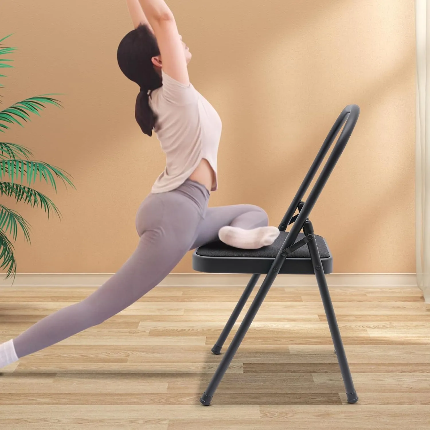 Yoga Auxiliary Chair, Foldable Yoga Chair with Lumbar Back Support, Balance Handstand Training Tool, Portable Practice Balance Equipment for Yoga Studio, Home Fitness, Outdoor Space (Black)
