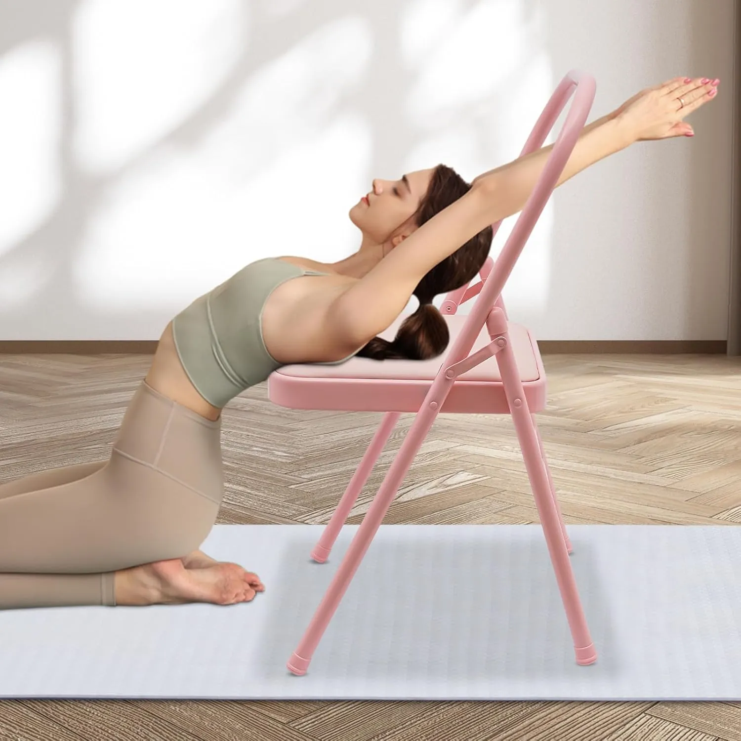 Yoga Auxiliary Chair, Foldable Yoga Chair with Lumbar Back Support, Balance Handstand Training Tool, Portable Practice Balance Equipment for Yoga Studio, Home Fitness, Outdoor Space (Pink)