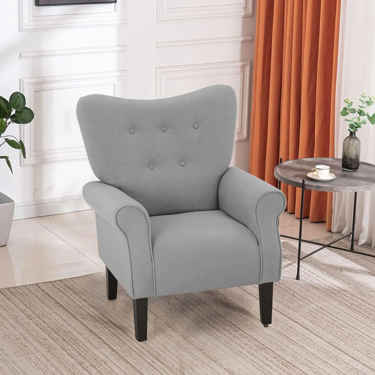 YOLENY Modern Accent Chair,High Back Armchair,Upholstered Fabric Button Single Sofa with Wooden Legs for Living Room,Bedroom,Club,Grey