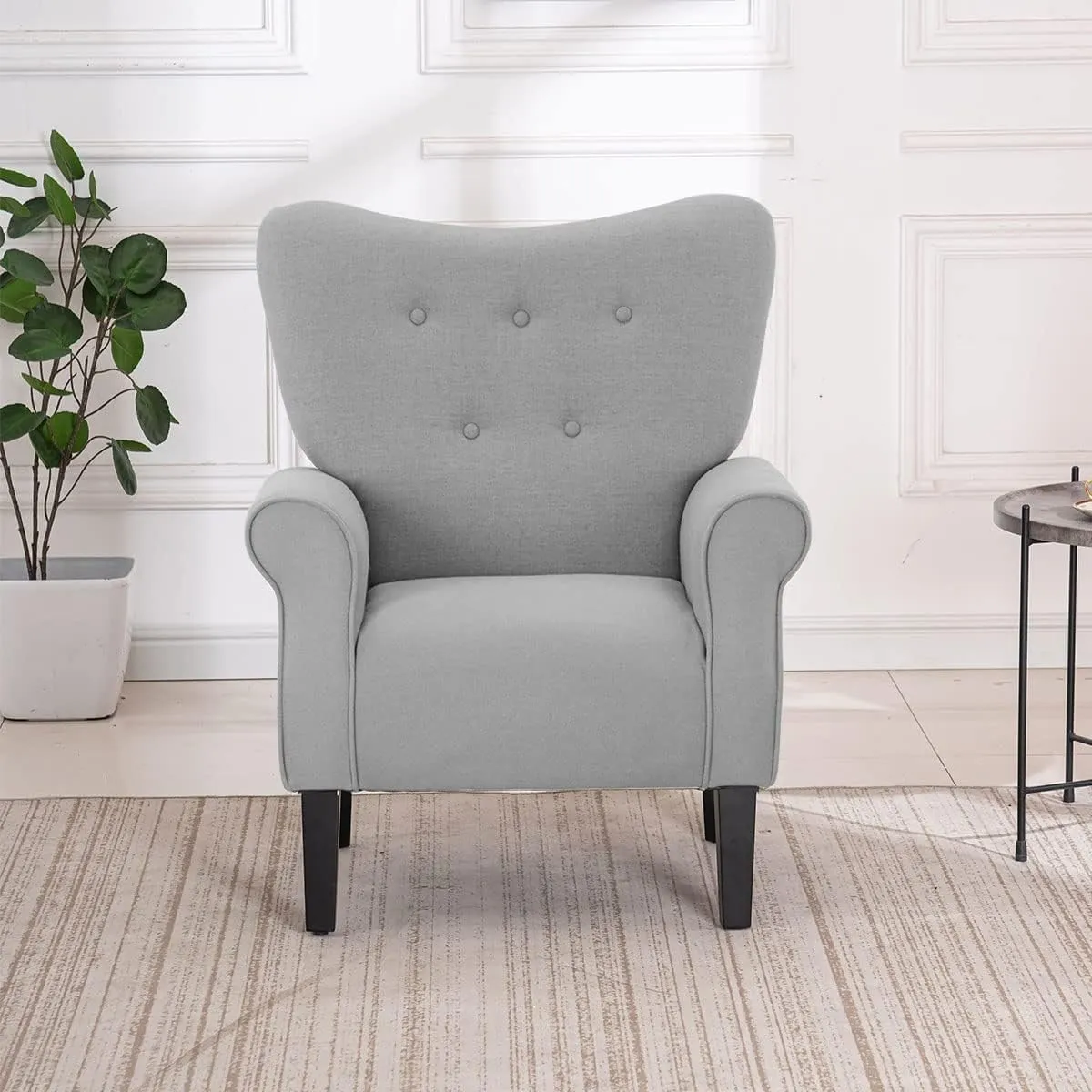 YOLENY Modern Accent Chair,High Back Armchair,Upholstered Fabric Button Single Sofa with Wooden Legs for Living Room,Bedroom,Club,Grey