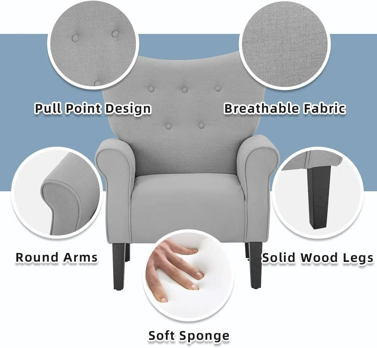 YOLENY Modern Accent Chair,High Back Armchair,Upholstered Fabric Button Single Sofa with Wooden Legs for Living Room,Bedroom,Club,Grey