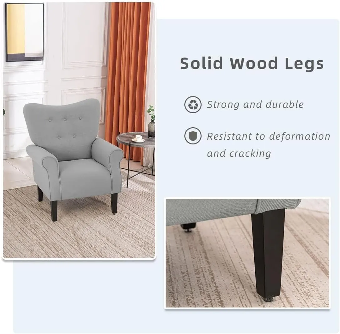 YOLENY Modern Accent Chair,High Back Armchair,Upholstered Fabric Button Single Sofa with Wooden Legs for Living Room,Bedroom,Club,Grey