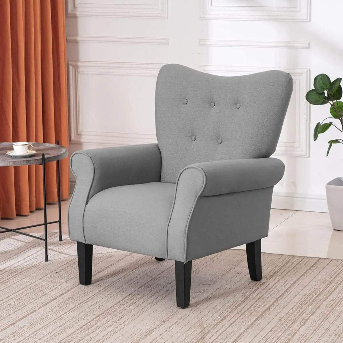 YOLENY Modern Accent Chair,High Back Armchair,Upholstered Fabric Button Single Sofa with Wooden Legs for Living Room,Bedroom,Club,Grey