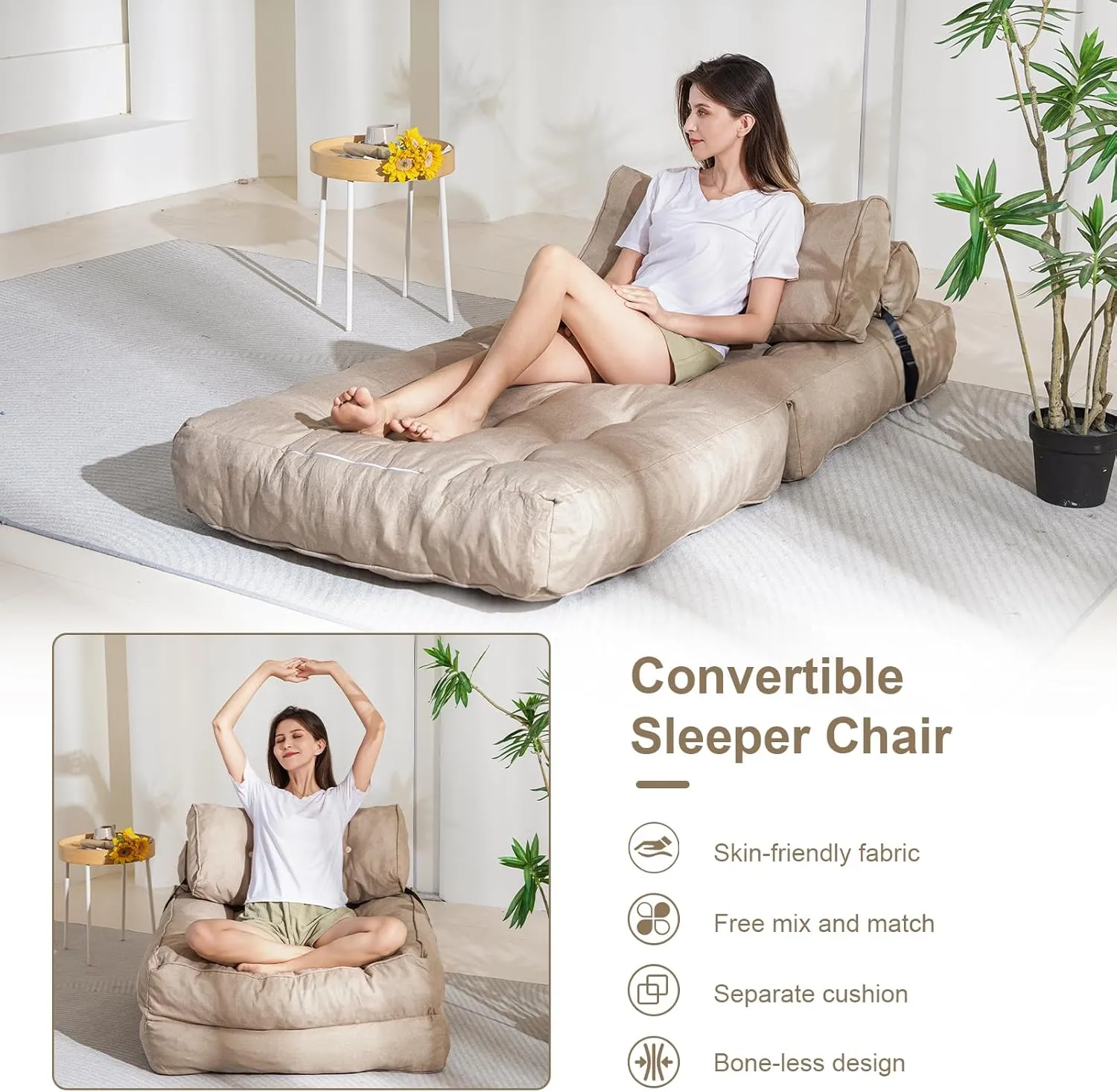 YOSHOOT Folding Couch Sofa Bed, Convertible Sleeper Chairs with Back Support, Foldable Futon Mattress with Pillow, Portable Fold Out Chair Bed Floor Mattress Floor Couch for Living Room
