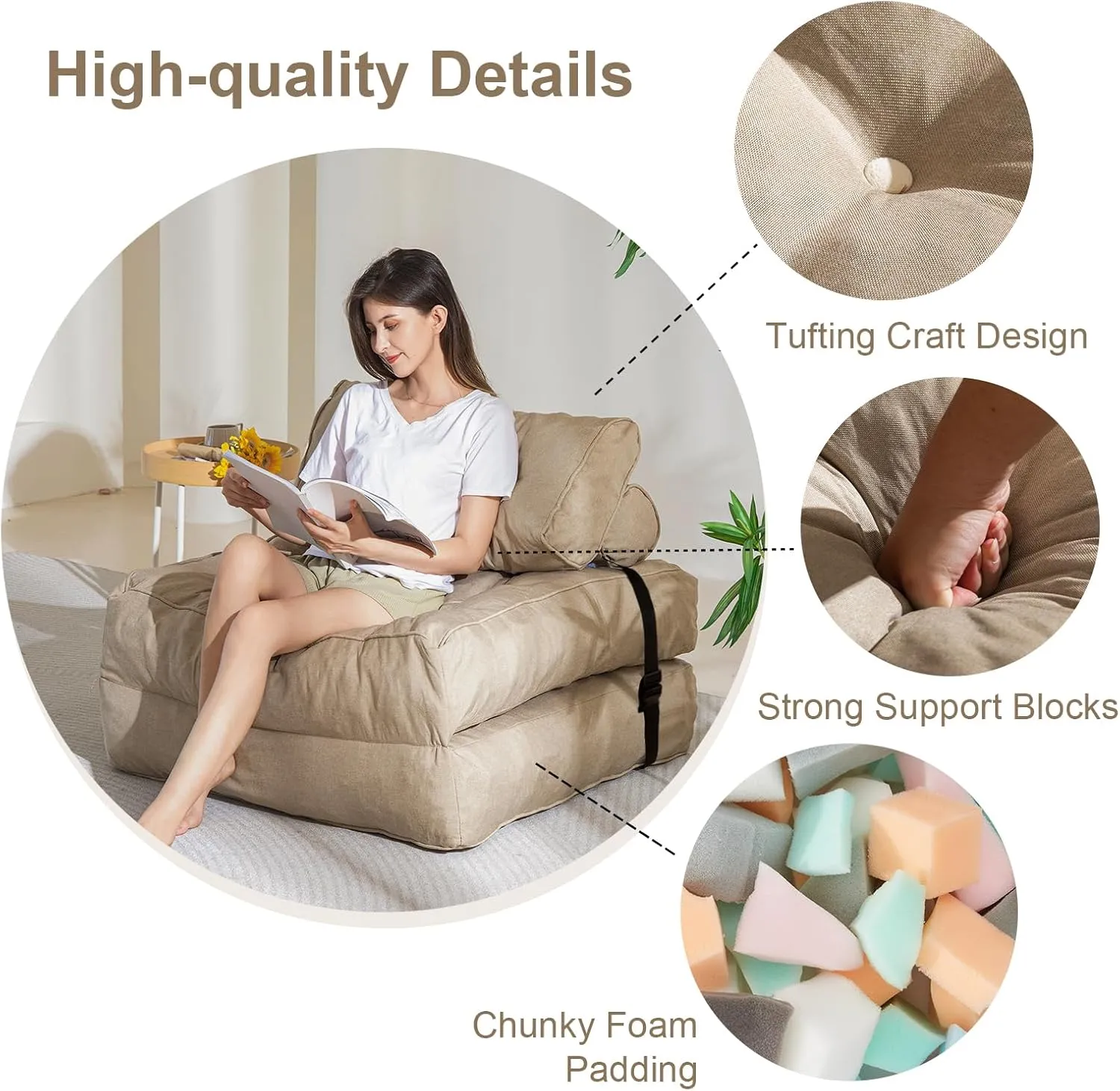 YOSHOOT Folding Couch Sofa Bed, Convertible Sleeper Chairs with Back Support, Foldable Futon Mattress with Pillow, Portable Fold Out Chair Bed Floor Mattress Floor Couch for Living Room