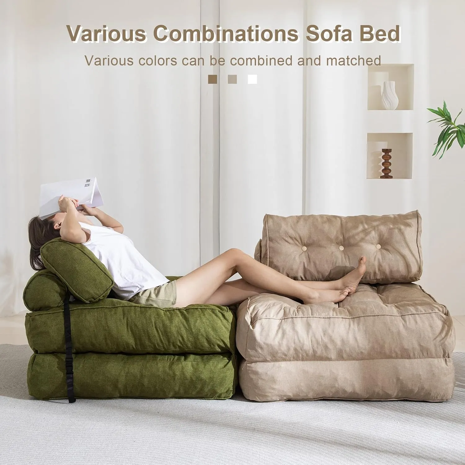 YOSHOOT Folding Couch Sofa Bed, Convertible Sleeper Chairs with Back Support, Foldable Futon Mattress with Pillow, Portable Fold Out Chair Bed Floor Mattress Floor Couch for Living Room