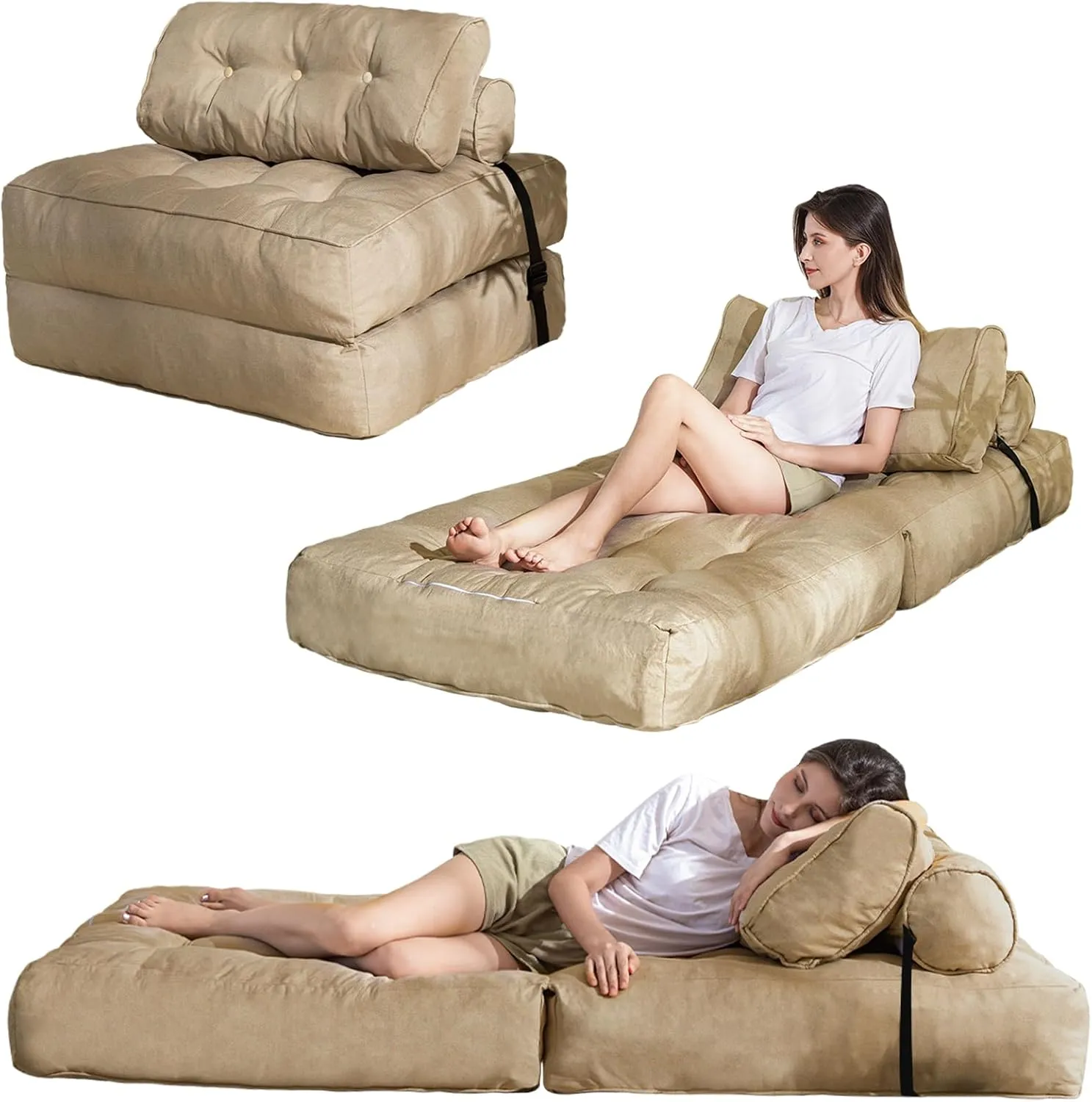YOSHOOT Folding Couch Sofa Bed, Convertible Sleeper Chairs with Back Support, Foldable Futon Mattress with Pillow, Portable Fold Out Chair Bed Floor Mattress Floor Couch for Living Room