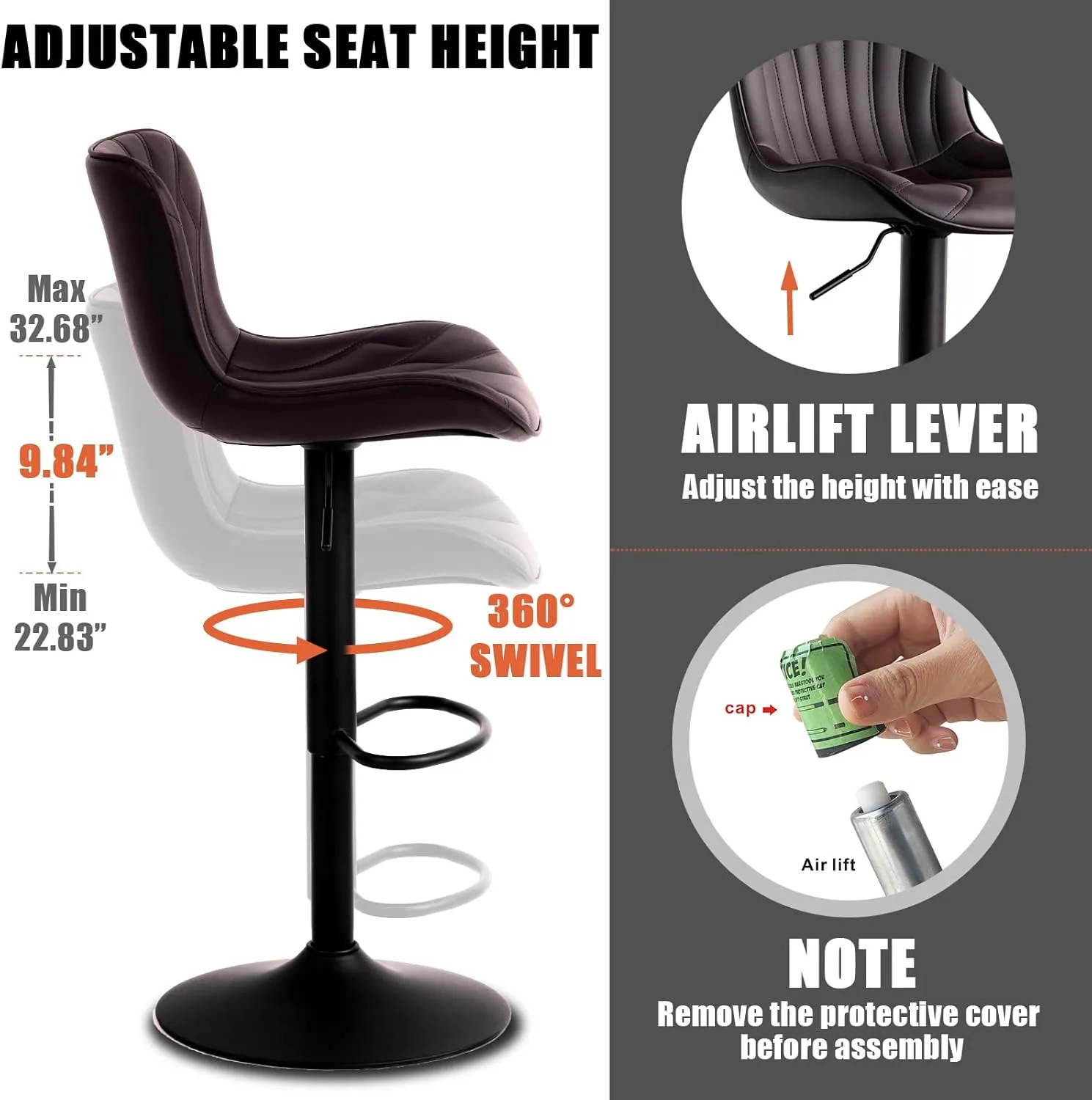 YOUNIKE Single Brown Bar Stools Modern Swivel Counter Height Bar Chair with Back Adjustable Kitchen Island Faux Leather Padded Barstools taburetes de bar Breakfast sillas para barra de cocina 1PCS