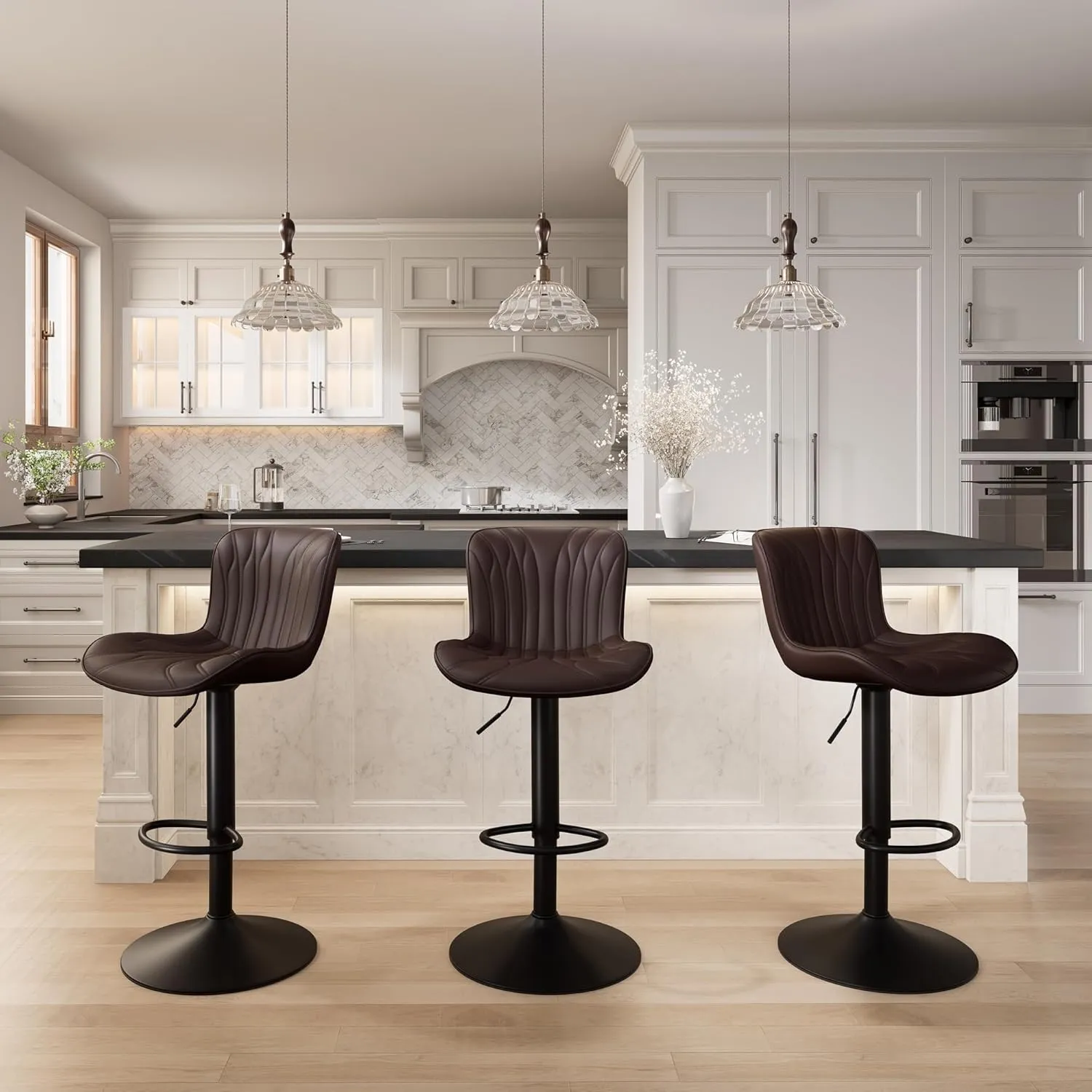 YOUNIKE Single Brown Bar Stools Modern Swivel Counter Height Bar Chair with Back Adjustable Kitchen Island Faux Leather Padded Barstools taburetes de bar Breakfast sillas para barra de cocina 1PCS