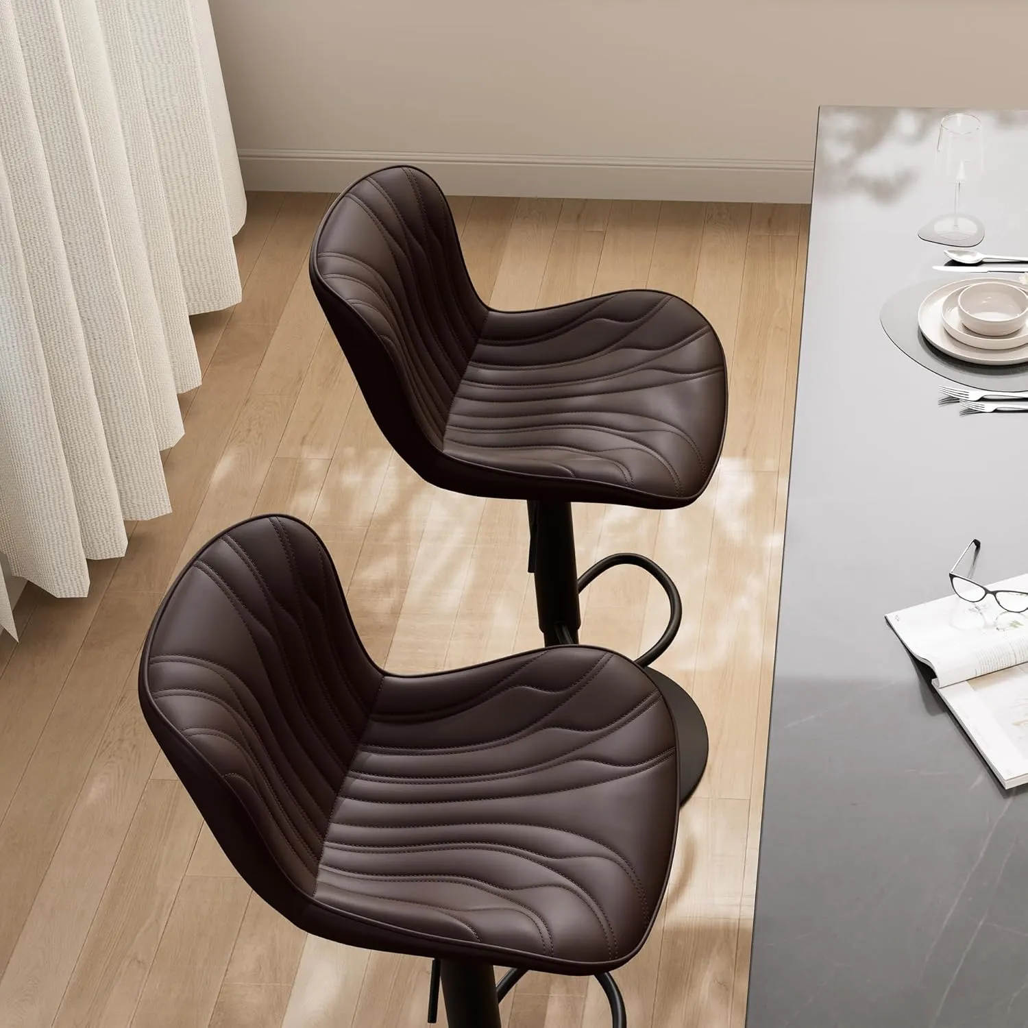 YOUNIKE Single Brown Bar Stools Modern Swivel Counter Height Bar Chair with Back Adjustable Kitchen Island Faux Leather Padded Barstools taburetes de bar Breakfast sillas para barra de cocina 1PCS