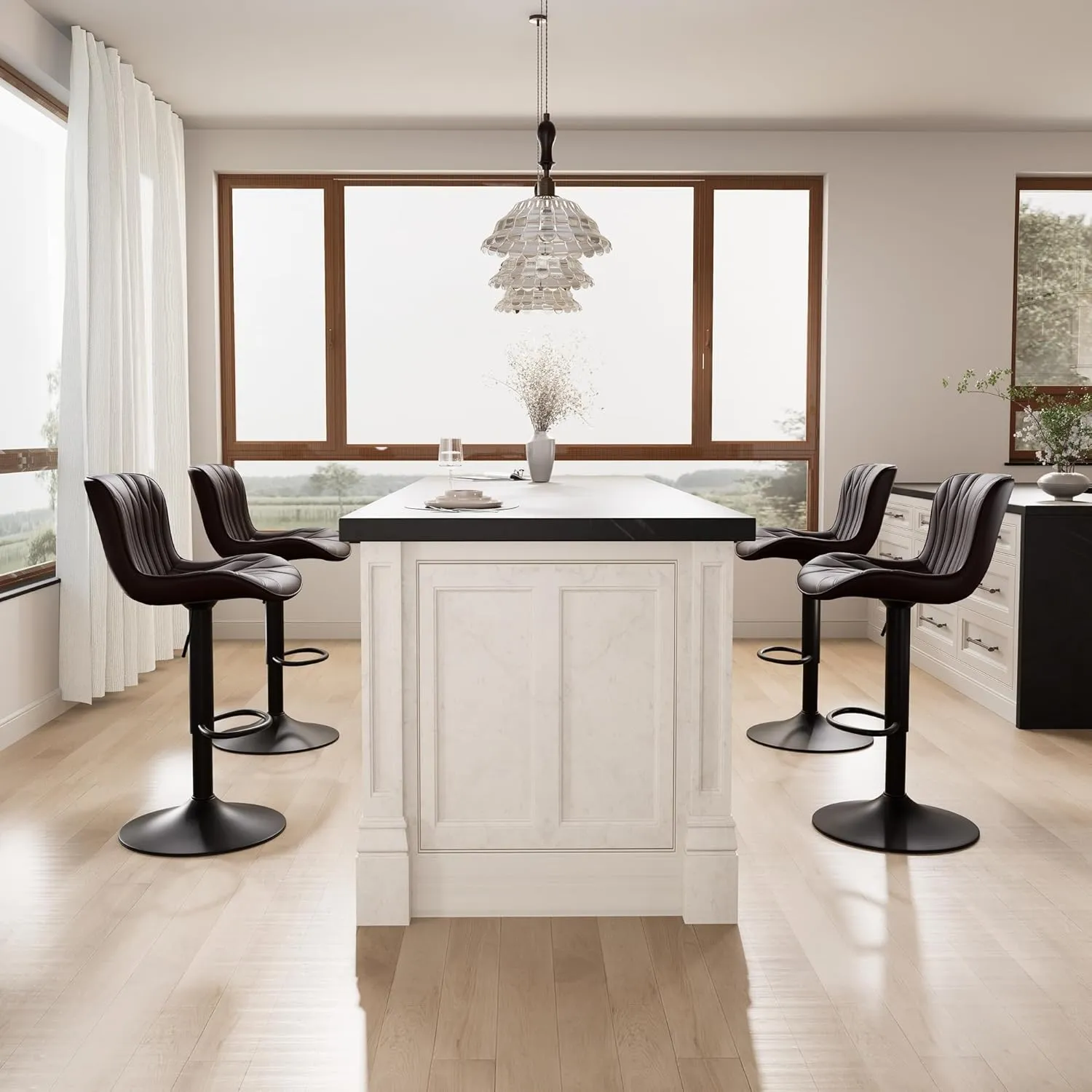 YOUNIKE Single Brown Bar Stools Modern Swivel Counter Height Bar Chair with Back Adjustable Kitchen Island Faux Leather Padded Barstools taburetes de bar Breakfast sillas para barra de cocina 1PCS