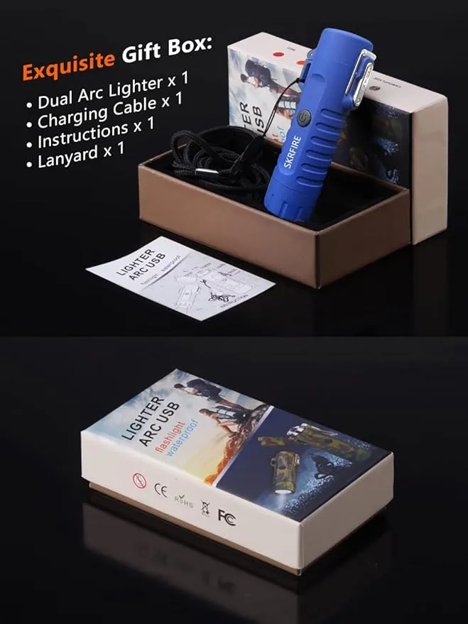 YOZWOO Electric Lighter for Camping, Windproof Dual Arc Lighter with LED Flashlight, USB Rechargeable Lighter for Outdoor Hiking, Waterproof Plasma Lighter for Survival Kits (Blue)