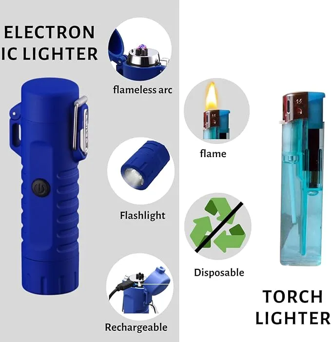 YOZWOO Electric Lighter for Camping, Windproof Dual Arc Lighter with LED Flashlight, USB Rechargeable Lighter for Outdoor Hiking, Waterproof Plasma Lighter for Survival Kits (Blue)