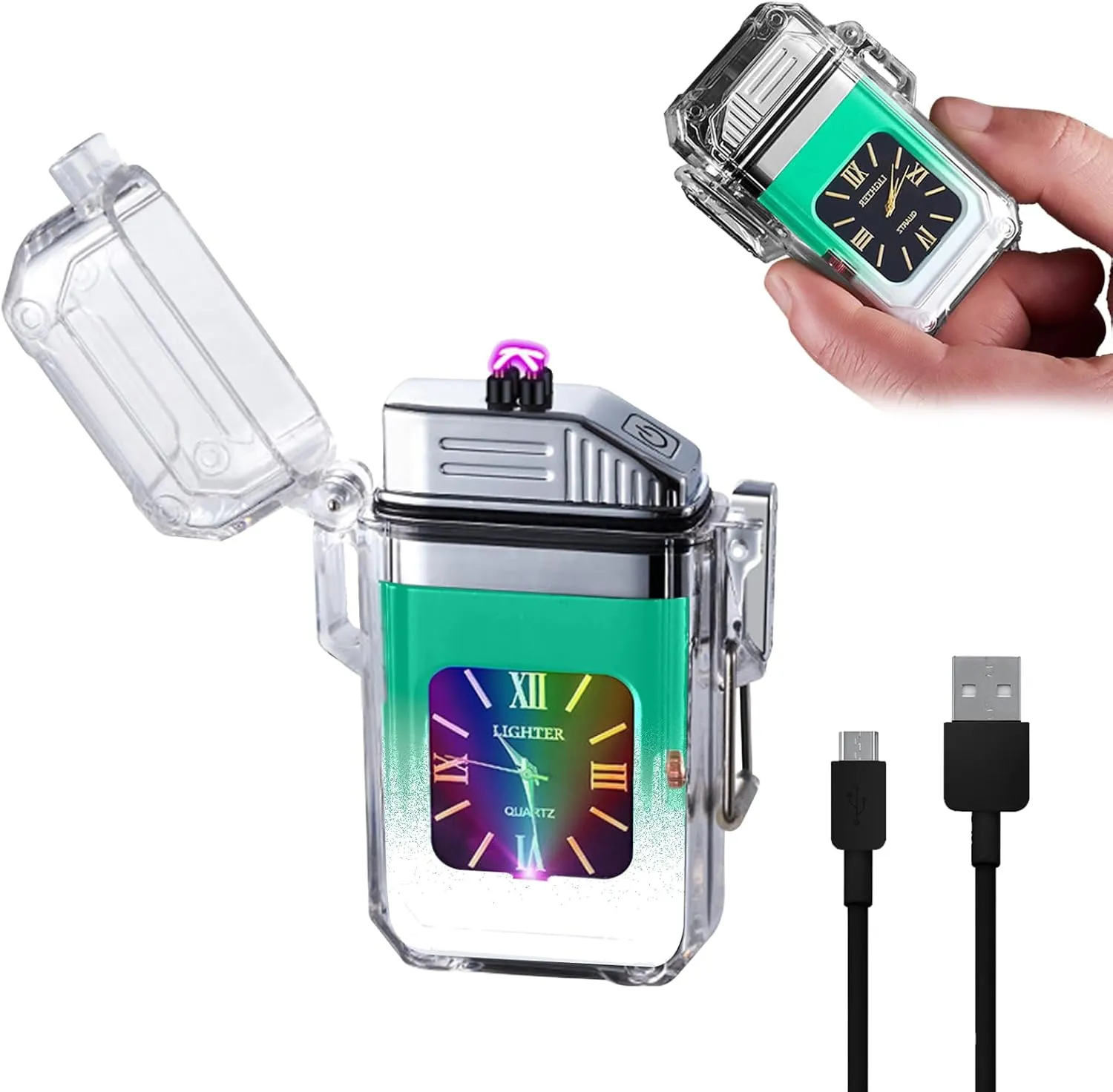 YOZWOO Electric Lighter - Rechargeable USB, Windproof, Flameless, Waterproof with Smart Chip for BBQ, Hiking, Camping (Green White)