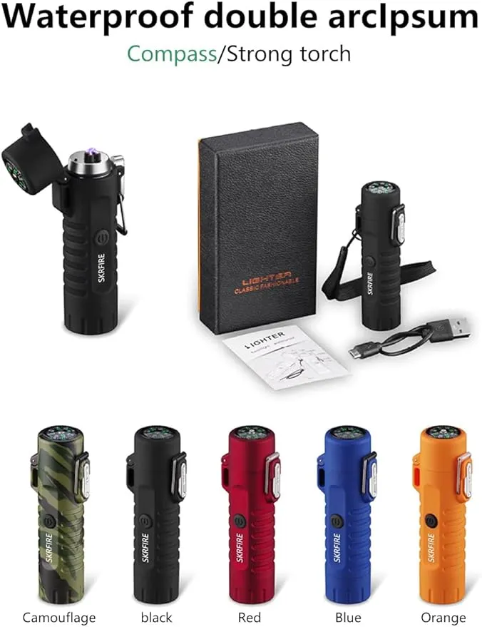 YOZWOO Electronic Lighter Rechargeable USB Lighter Plasma Dual Arc Lighter Flameless Windproof Waterproof Lighter with Flashlight Compass Lanyard for Outdoor Camping Survival Tactical Gear（Black）