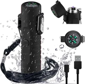 YOZWOO Electronic Lighter Rechargeable USB Lighter Plasma Dual Arc Lighter Flameless Windproof Waterproof Lighter with Flashlight Compass Lanyard for Outdoor Camping Survival Tactical Gear（Black）