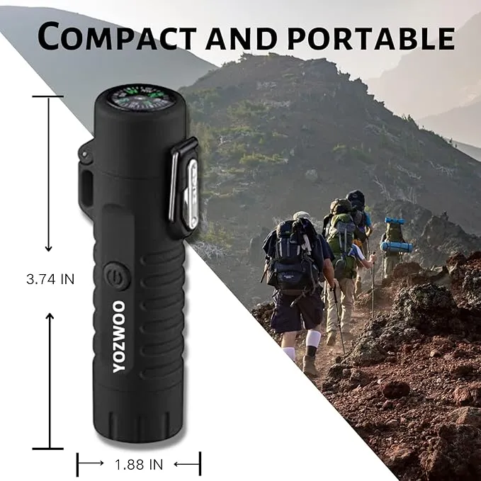 YOZWOO Electronic Lighter Rechargeable USB Lighter Plasma Dual Arc Lighter Flameless Windproof Waterproof Lighter with Flashlight Compass Lanyard for Outdoor Camping Survival Tactical Gear（Black）