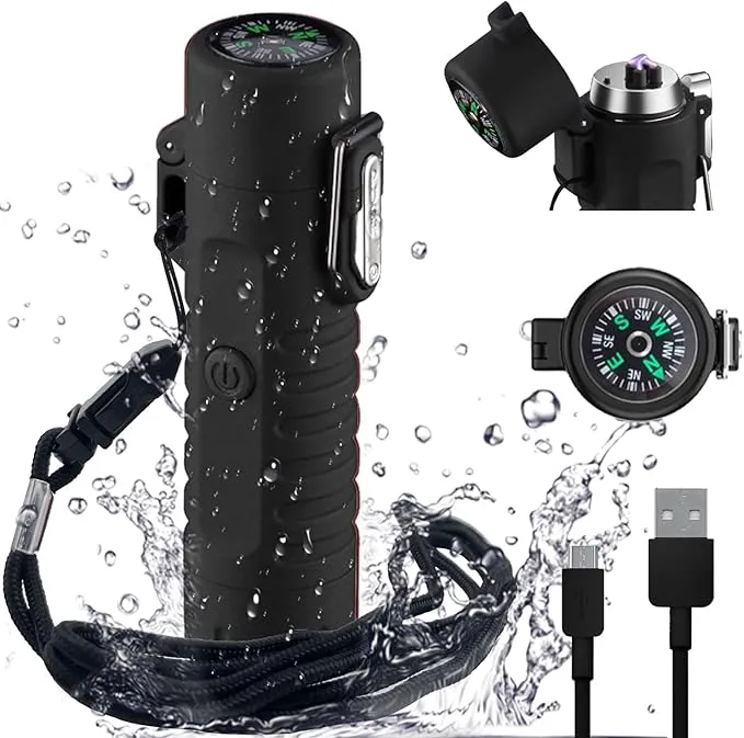 YOZWOO Electronic Lighter Rechargeable USB Lighter Plasma Dual Arc Lighter Flameless Windproof Waterproof Lighter with Flashlight Compass Lanyard for Outdoor Camping Survival Tactical Gear（Black）